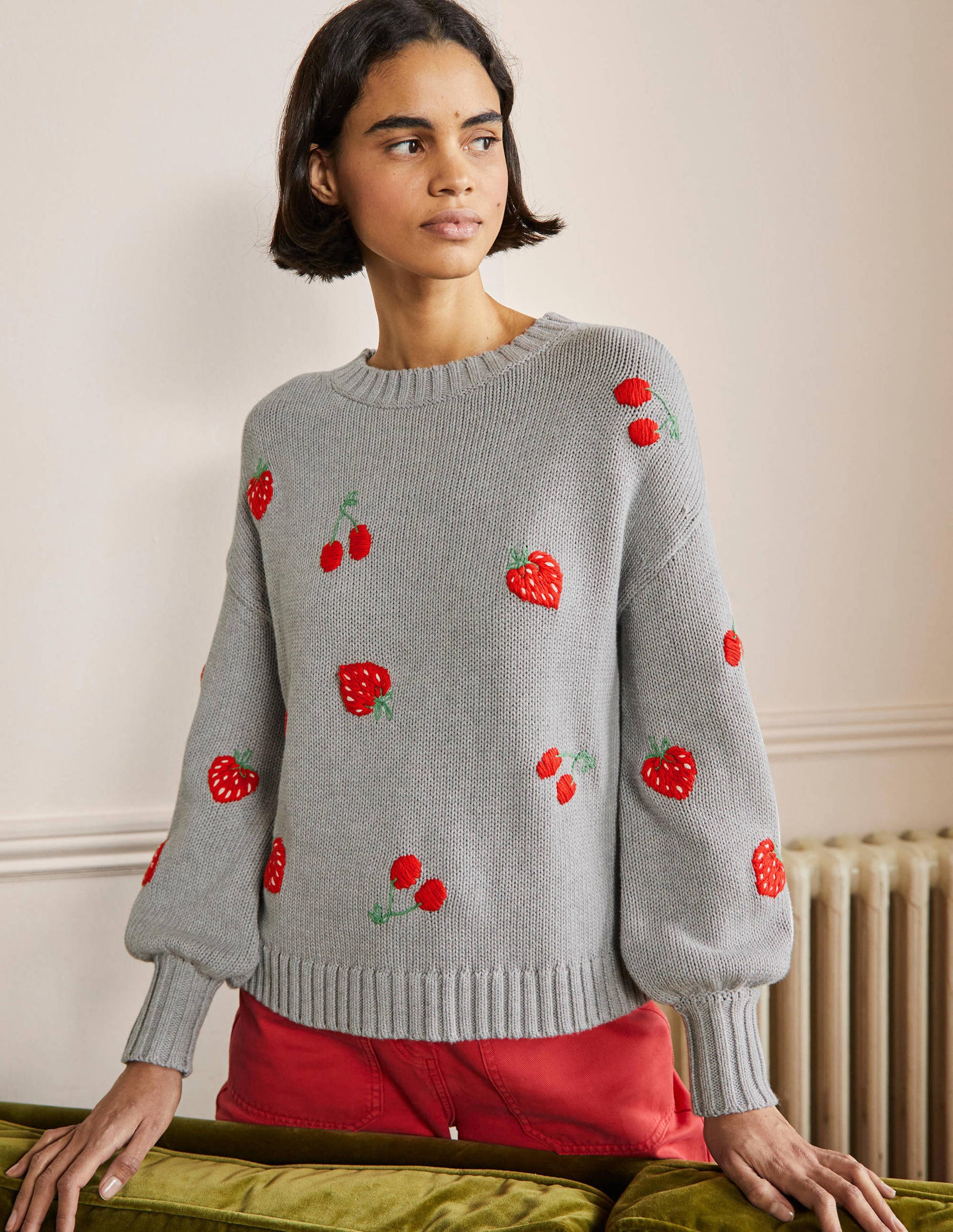 Embroidered Blouson Sweater-Silver Melange, Berries-1