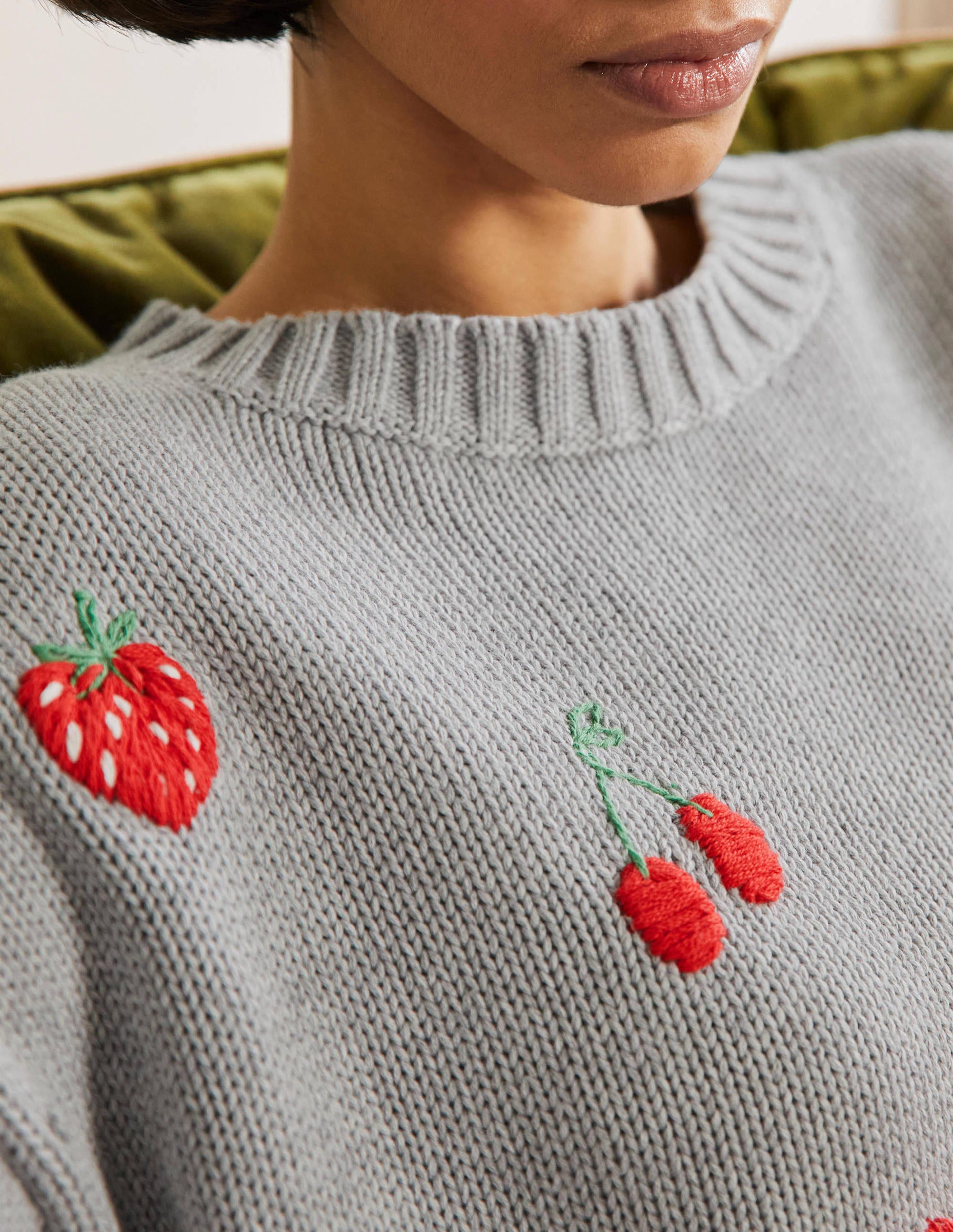 Embroidered Blouson Sweater-Silver Melange, Berries - Image 2