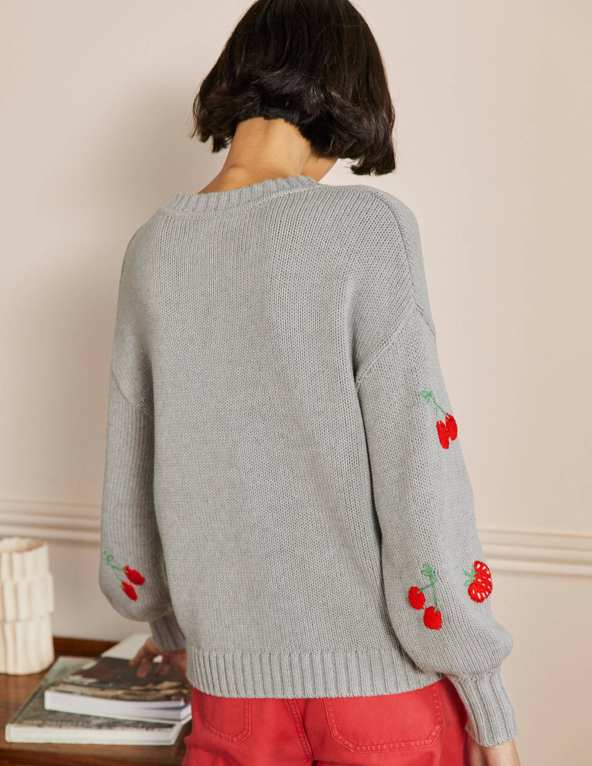 Embroidered Blouson Sweater-Silver Melange, Berries-3