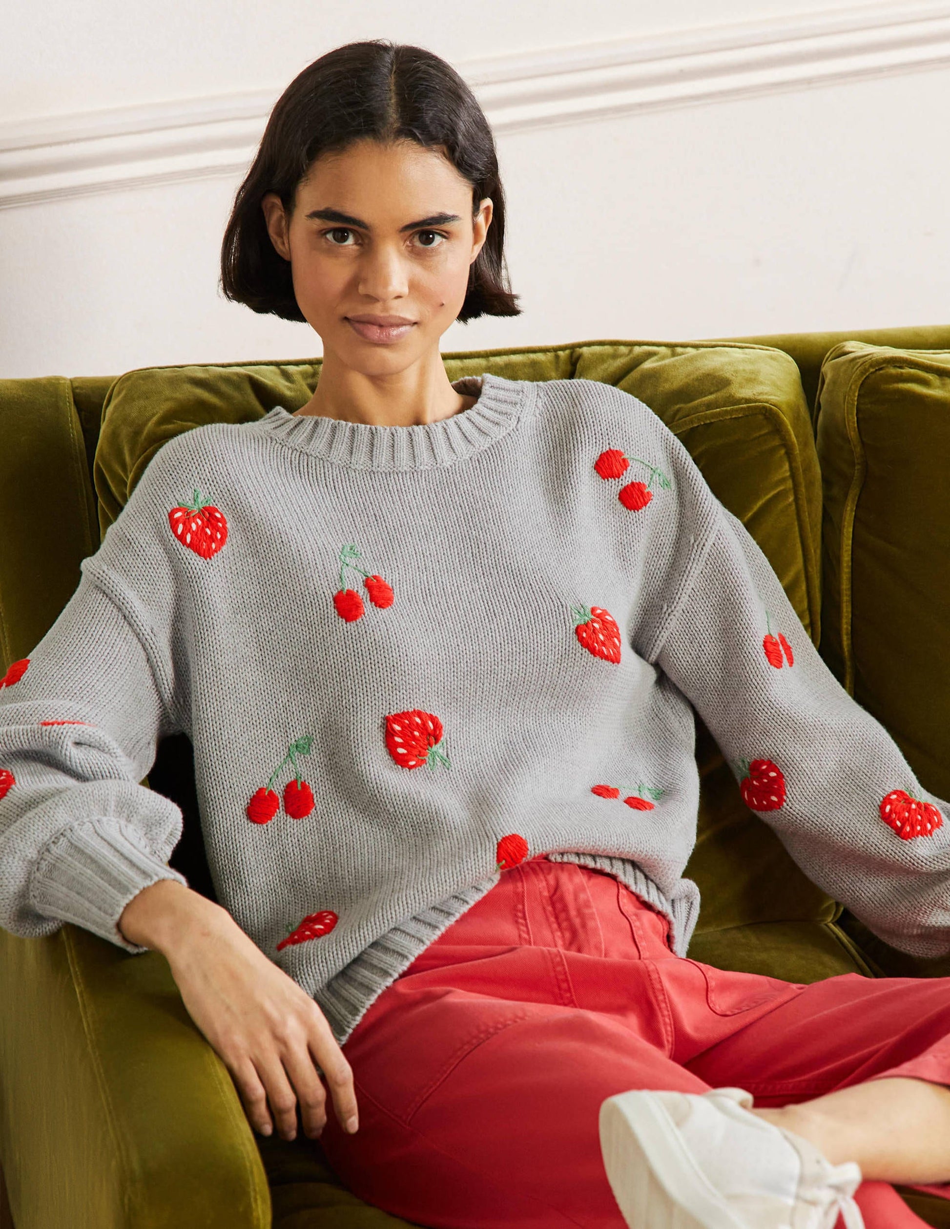 Embroidered Blouson Sweater-Silver Melange, Berries-4