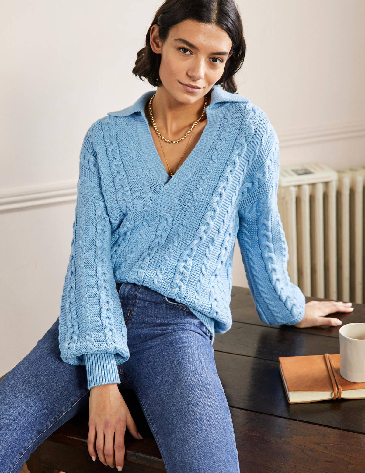 Cable Knit Henley Sweater-Grape Hyacinth - Image 4