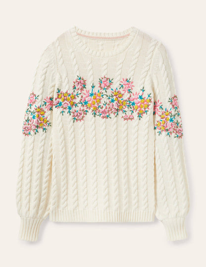 Embroidered Cable Knit Sweater-Ivory/Floral Embroidery