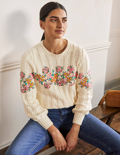 Embroidered Cable Knit Sweater-Ivory/Floral Embroidery