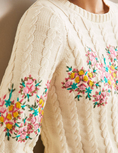 Embroidered Cable Knit Sweater-Ivory/Floral Embroidery