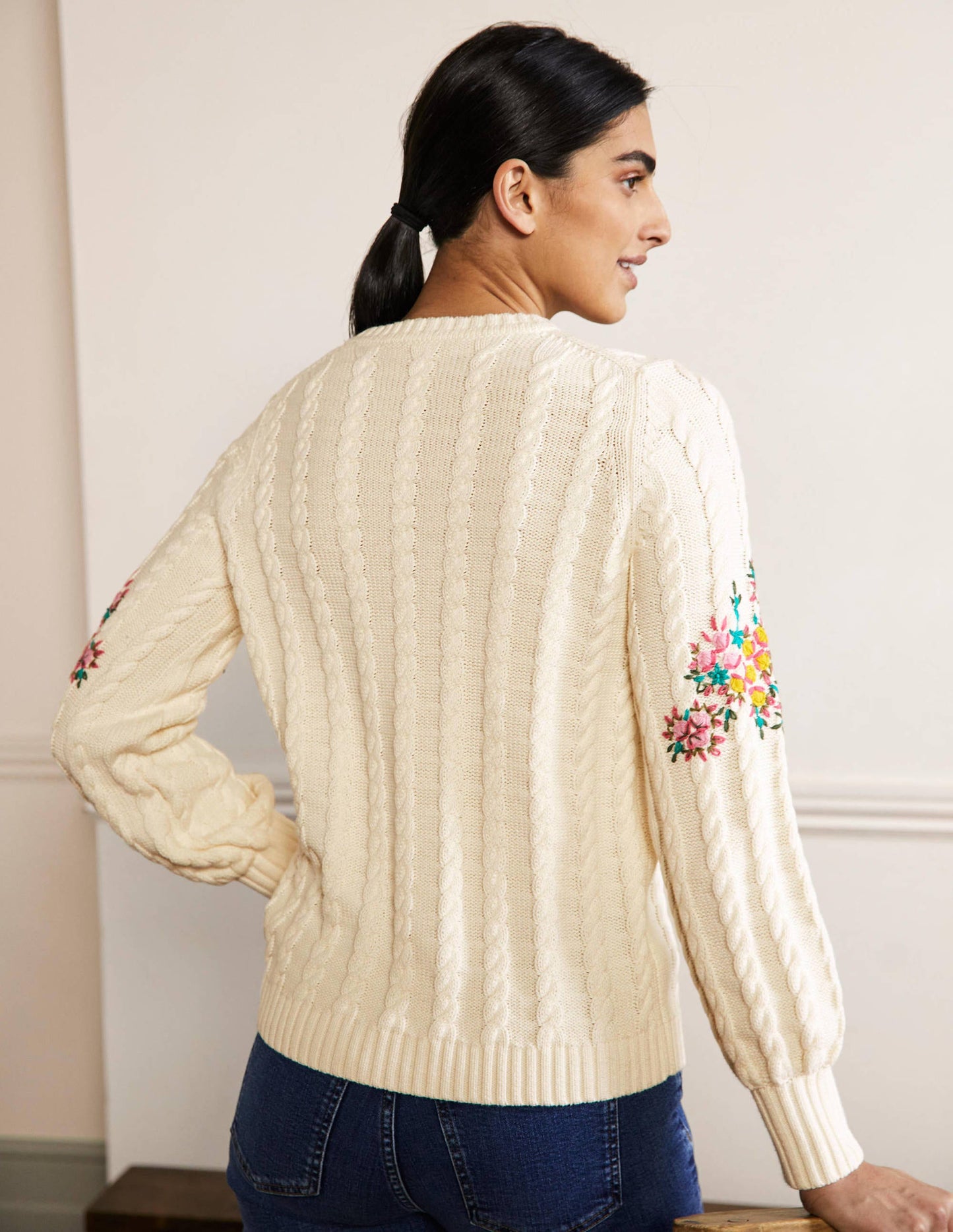 Embroidered Cable Knit Sweater-Ivory/Floral Embroidery