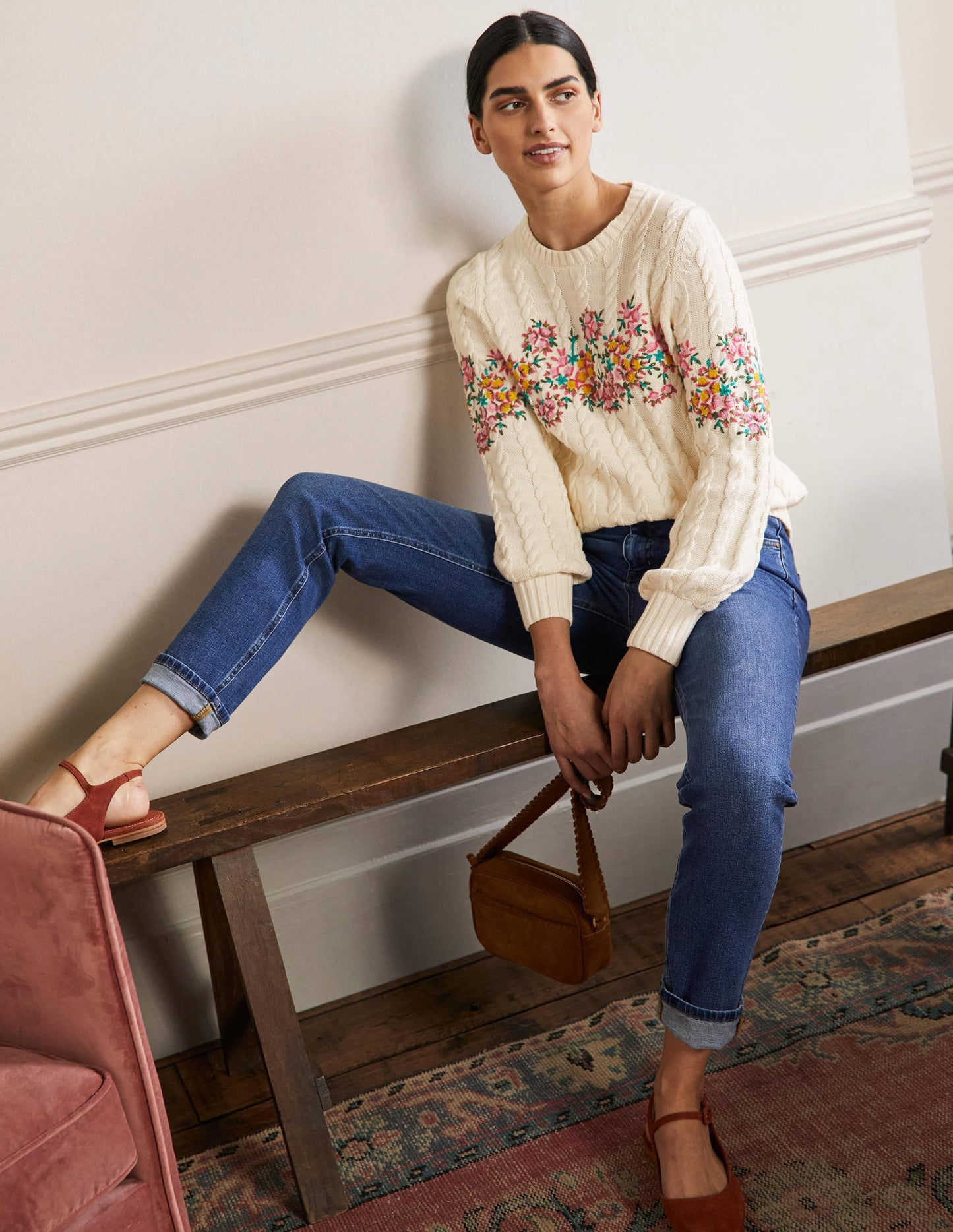 Embroidered Cable Knit Sweater-Ivory/Floral Embroidery