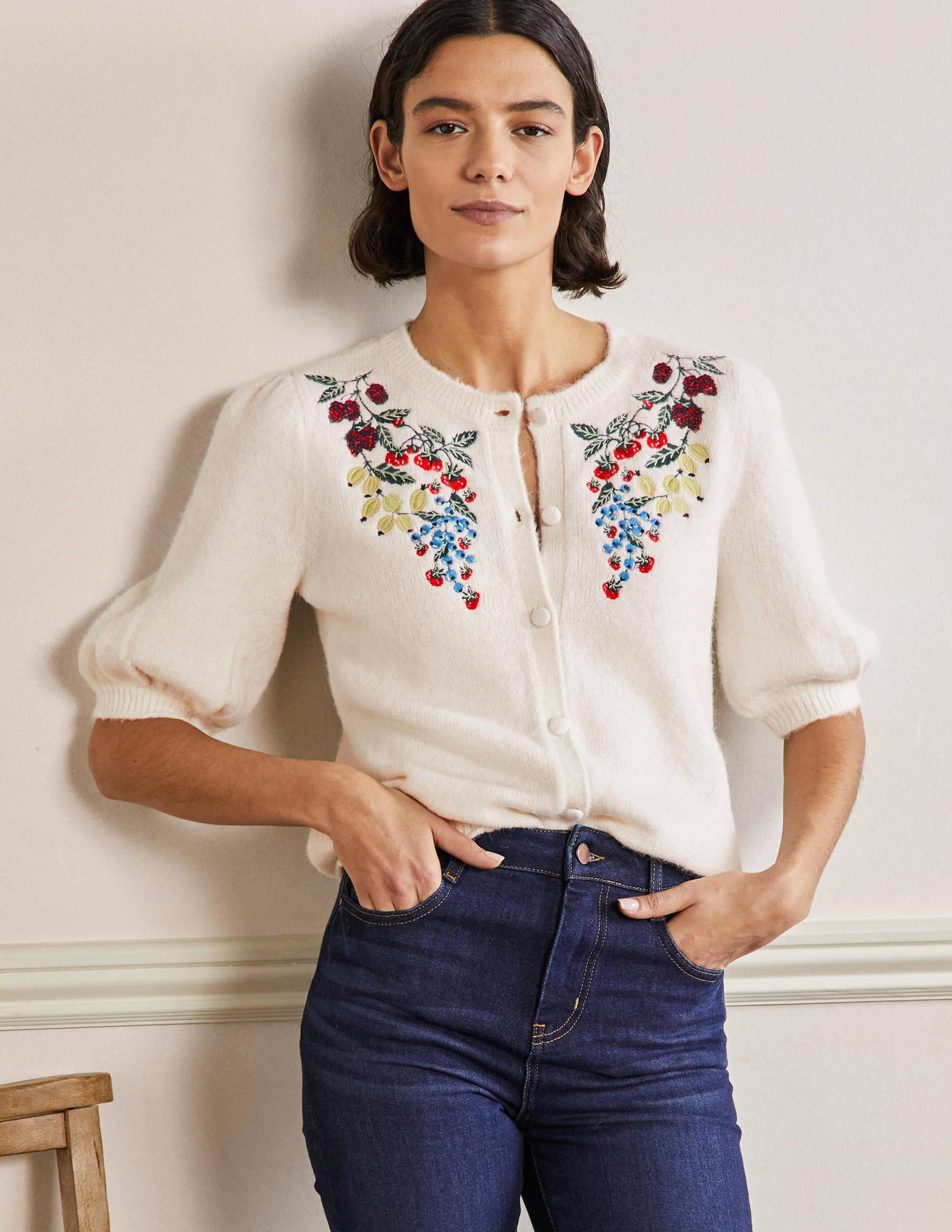 Embroidered Fluffy Cardigan-Ivory, Embroidery-1
