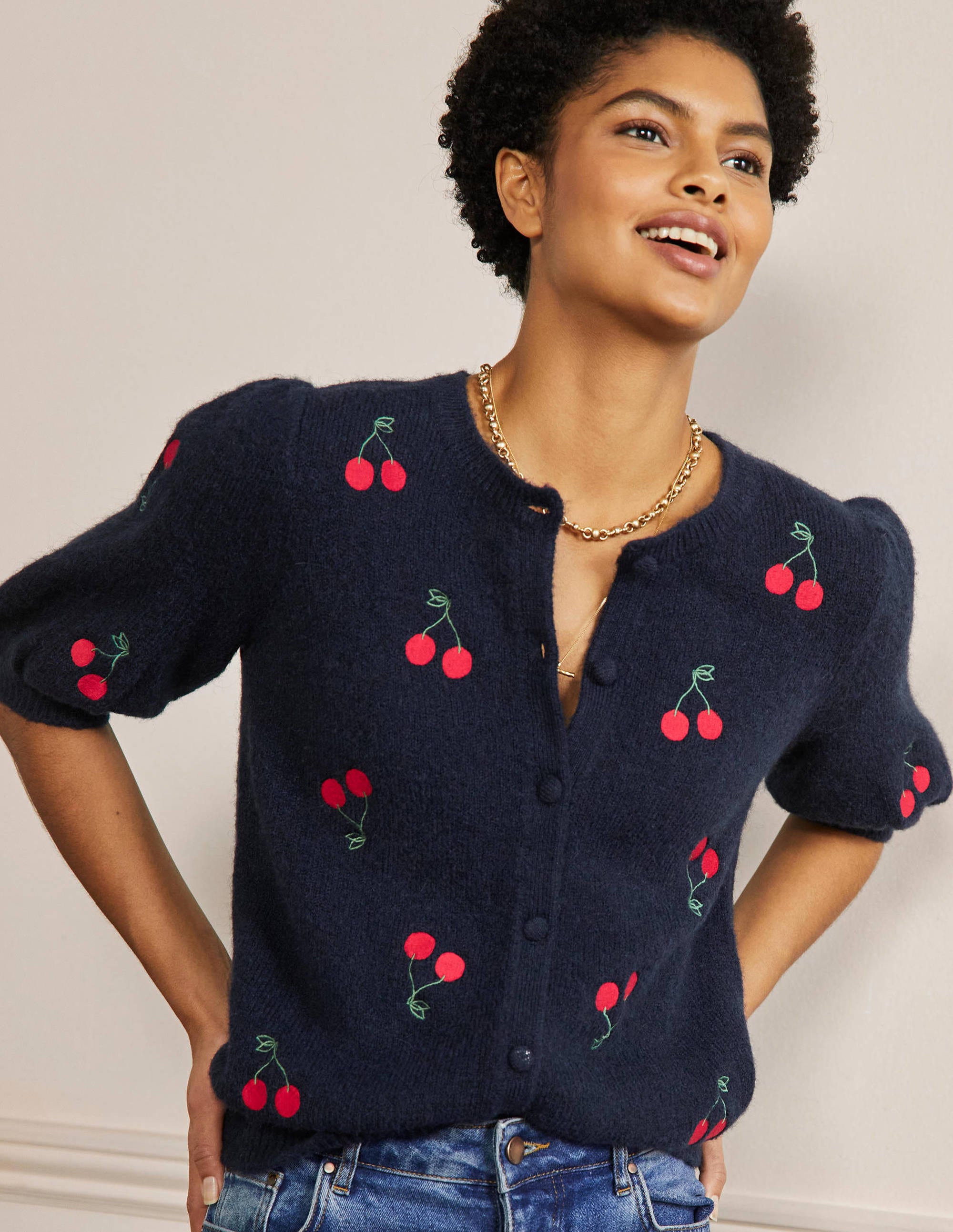 Embroidered Fluffy Cardigan-Navy, Cherry - Image 1