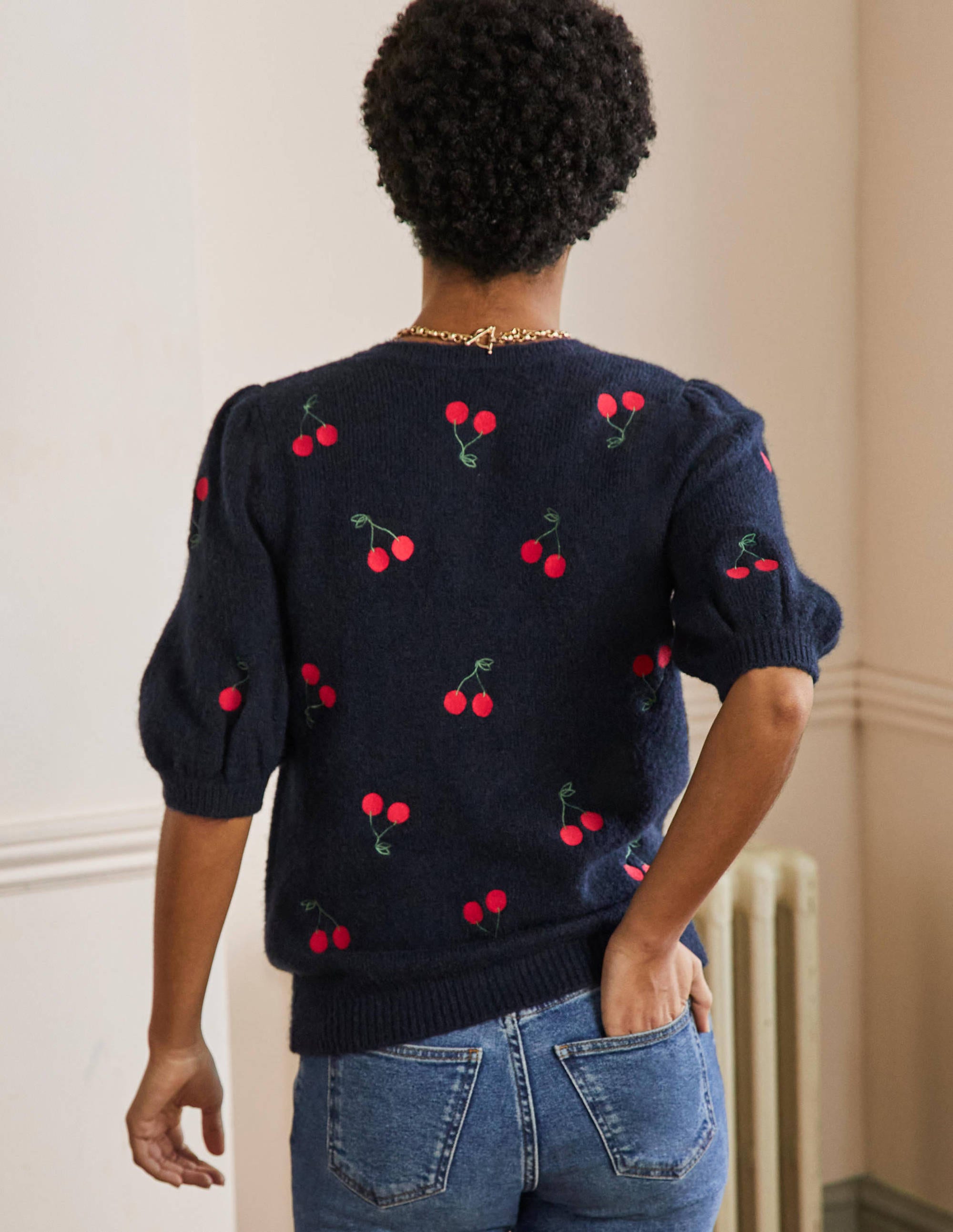 Embroidered Fluffy Cardigan-Navy, Cherry - Image 3