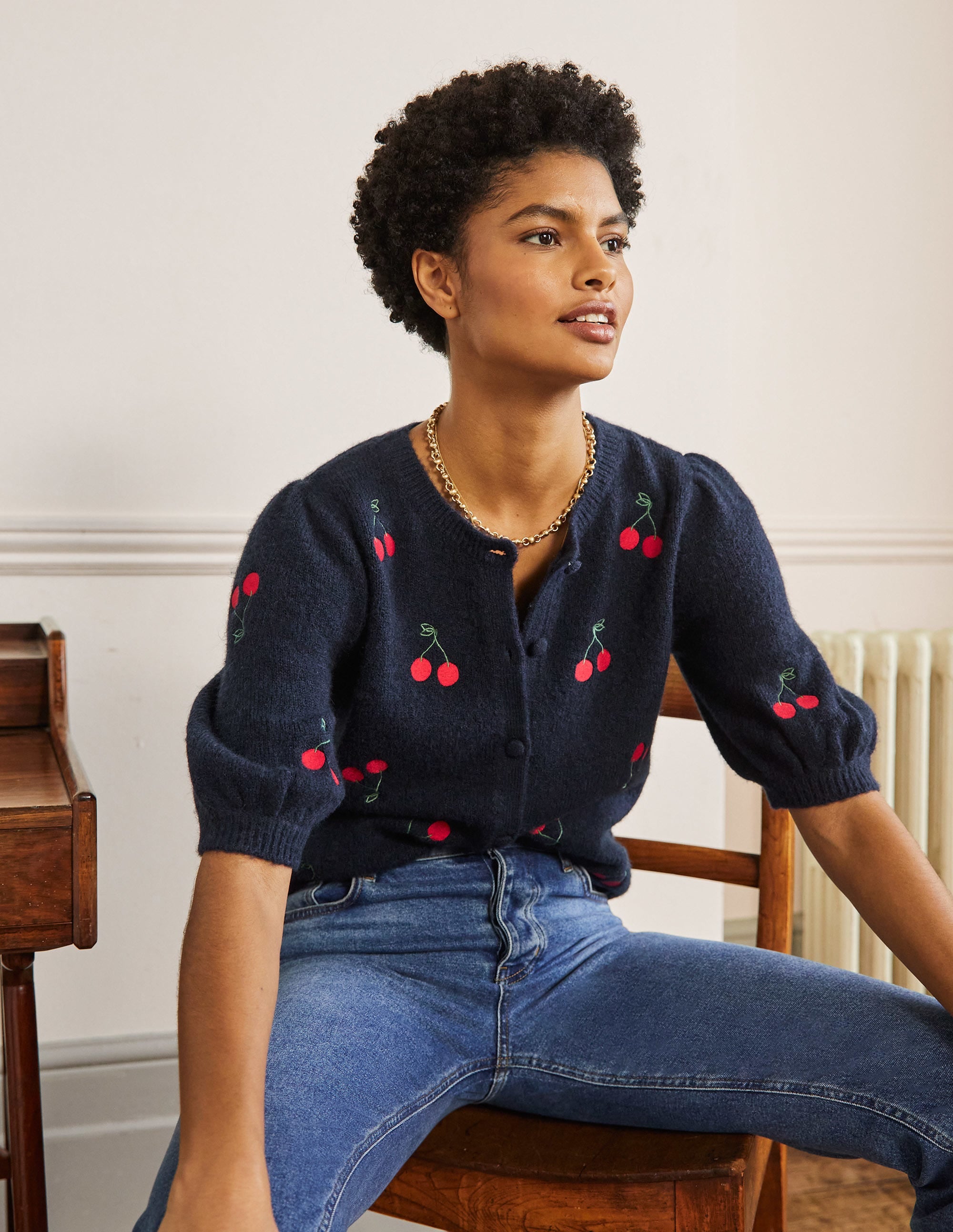 Embroidered Fluffy Cardigan-Navy, Cherry - Image 4