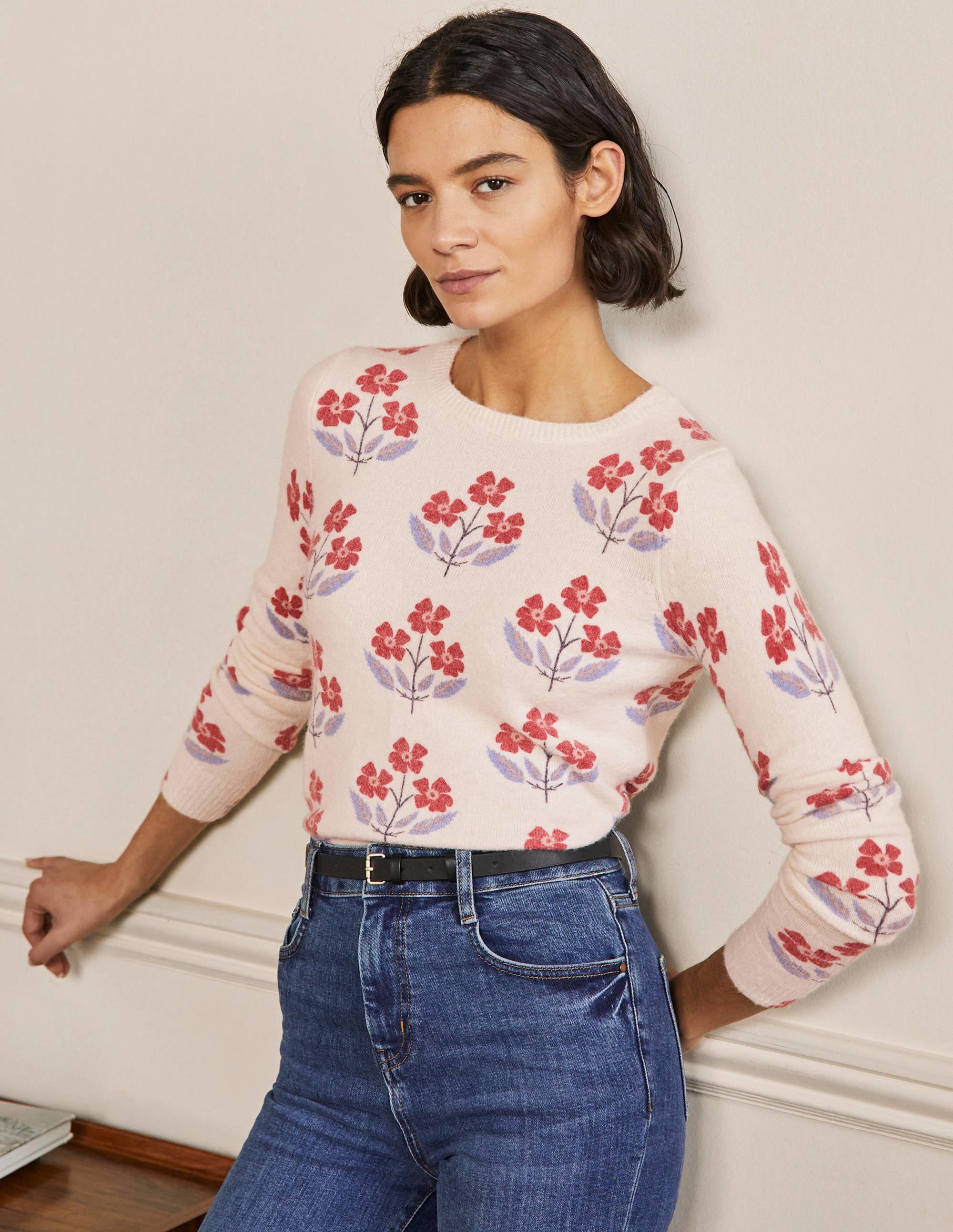 Printed Fluffy Sweater-Ivory, Blossoming Bud - Image 1