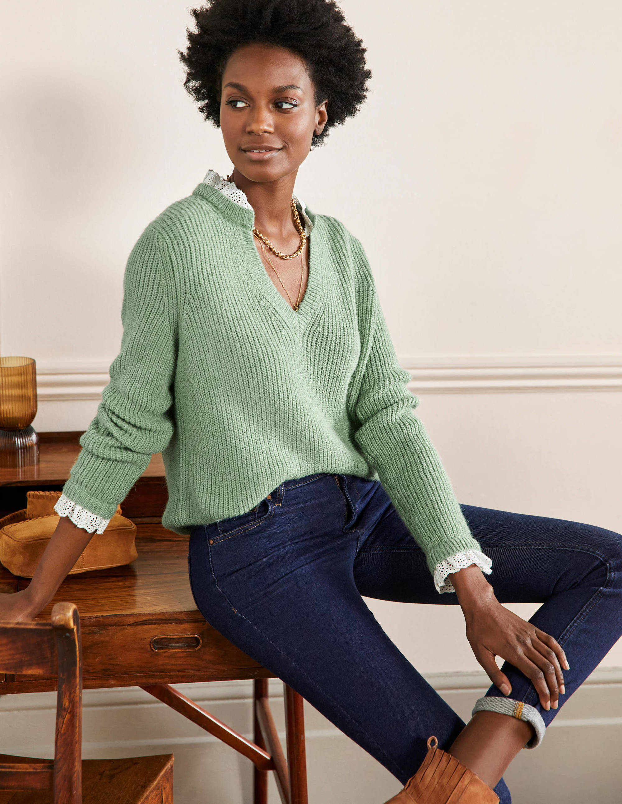 Fluffy Ribbed Mix Sweater-Basil - Image 1