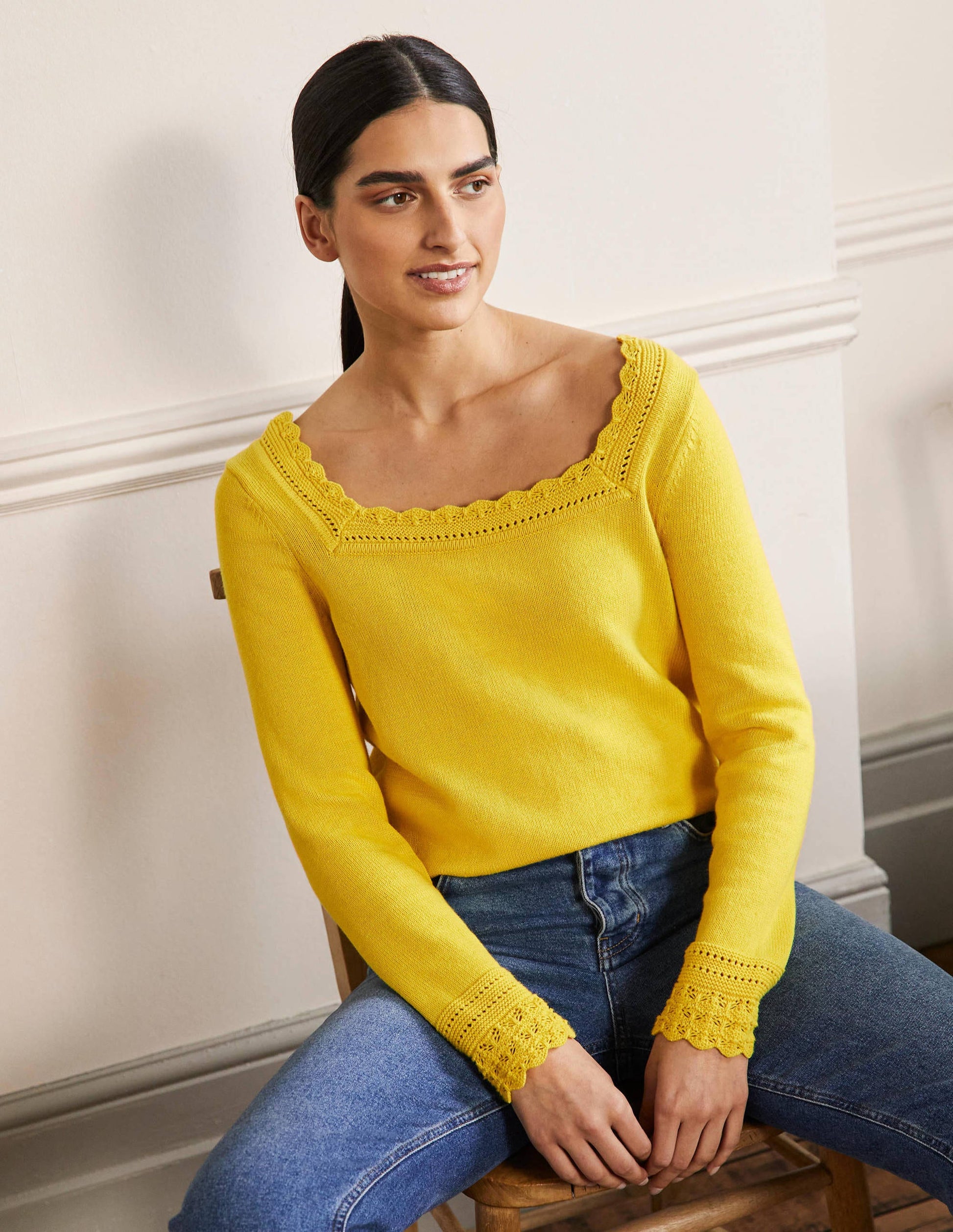 Scallop Crochet Trim Sweater-Lemon Fizz-1