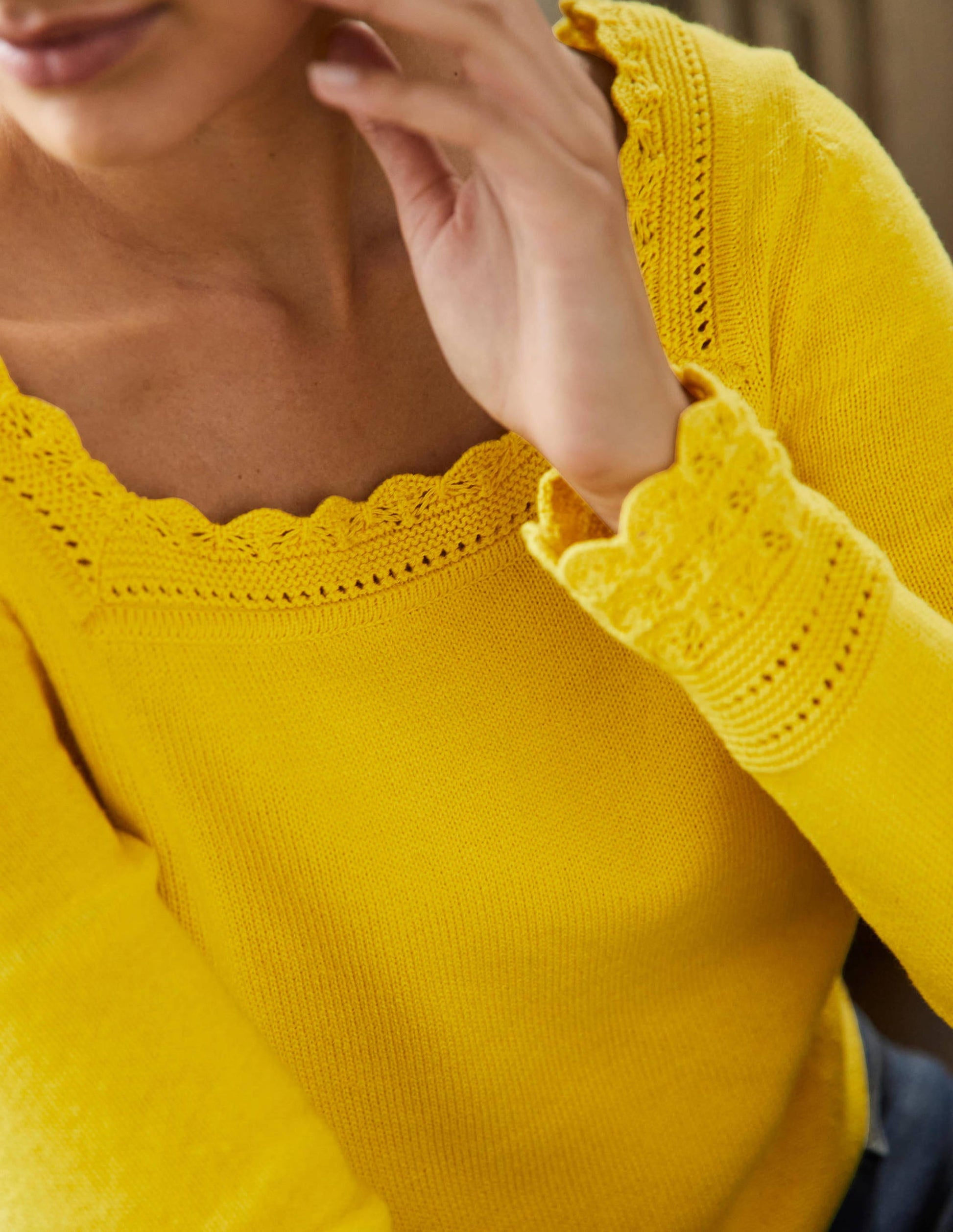 Scallop Crochet Trim Sweater-Lemon Fizz-2