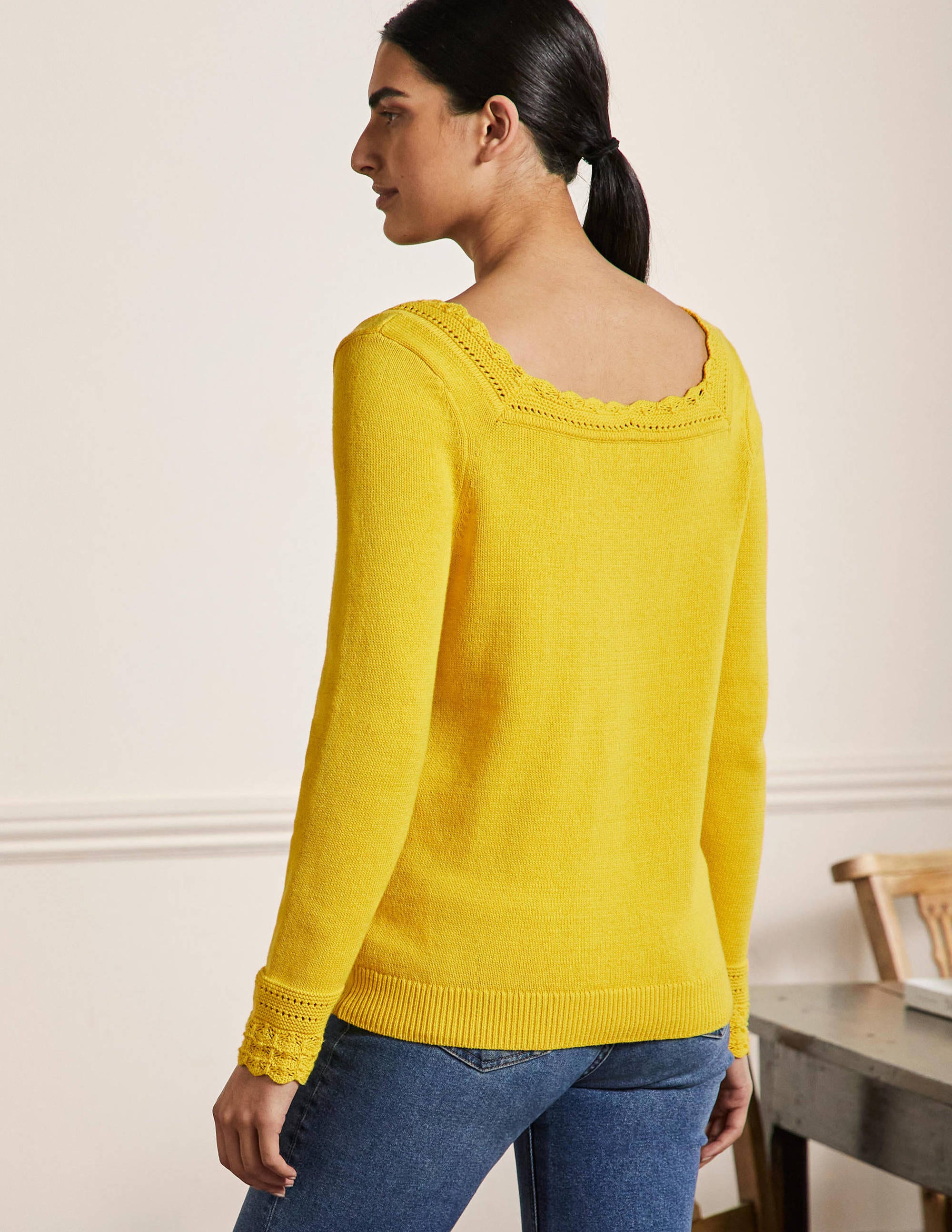 Scallop Crochet Trim Sweater-Lemon Fizz - Image 3