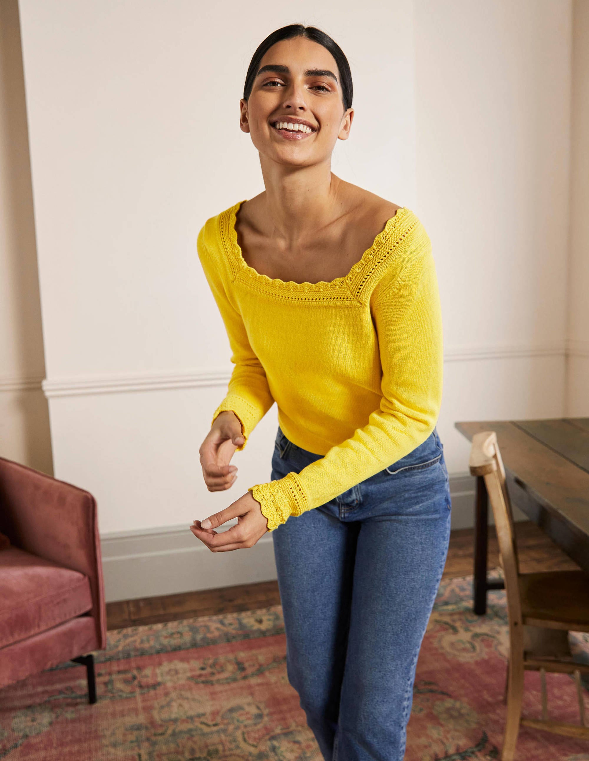 Scallop Crochet Trim Sweater-Lemon Fizz - Image 4