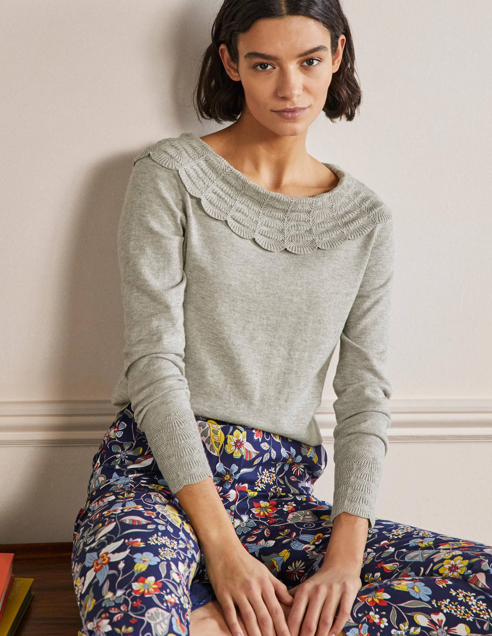 Tie Back Collar Sweater-Grey Melange - Image 1