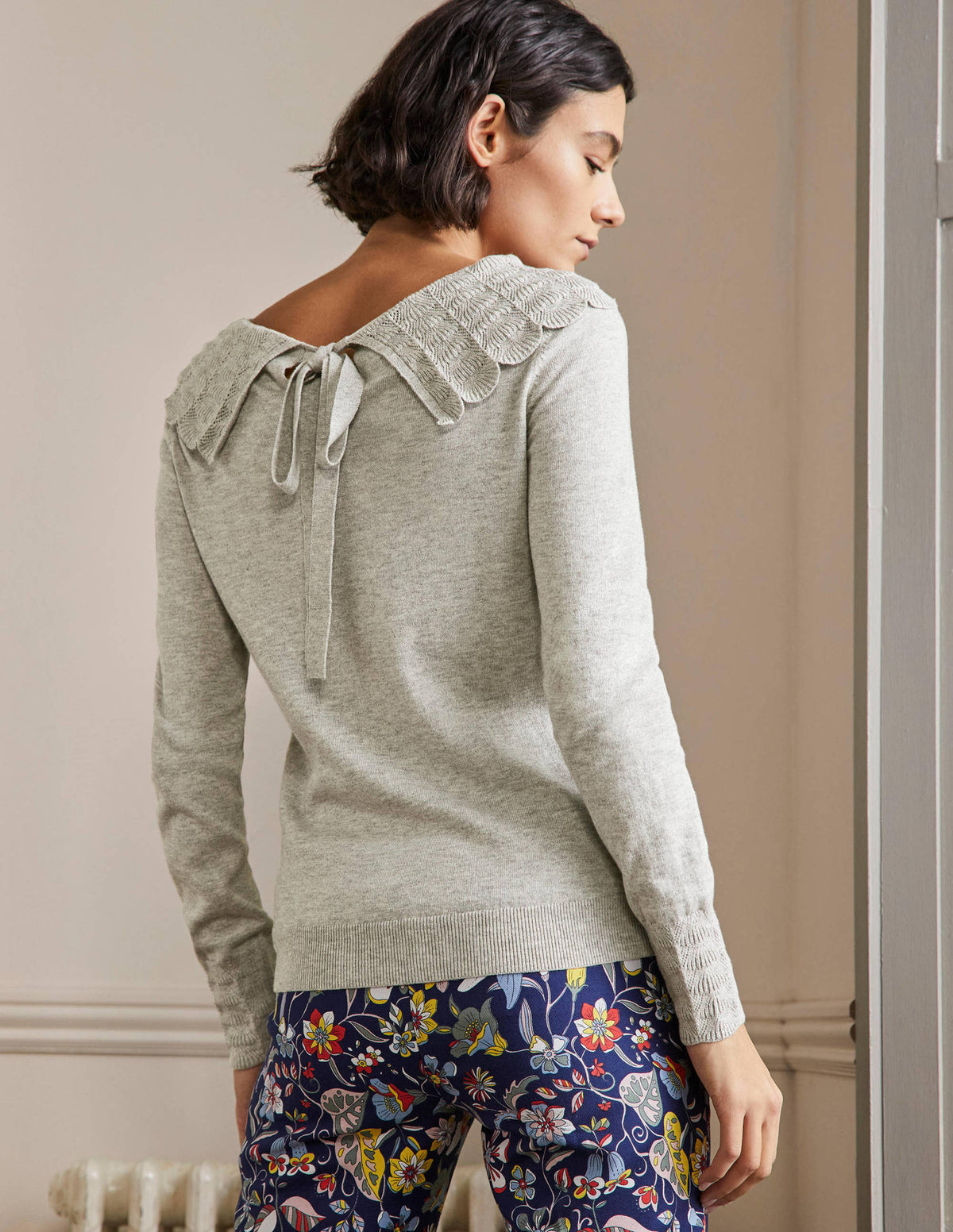 Tie Back Collar Sweater-Grey Melange-3