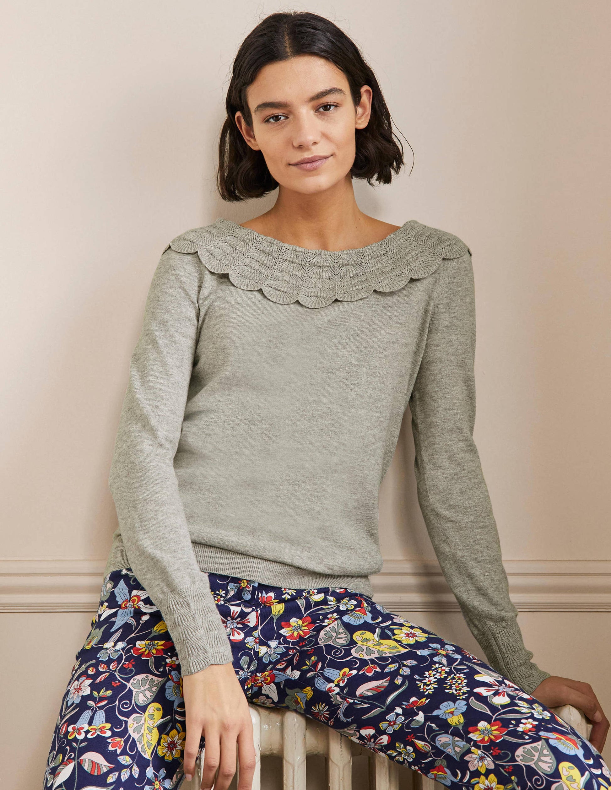 Tie Back Collar Sweater-Grey Melange-4