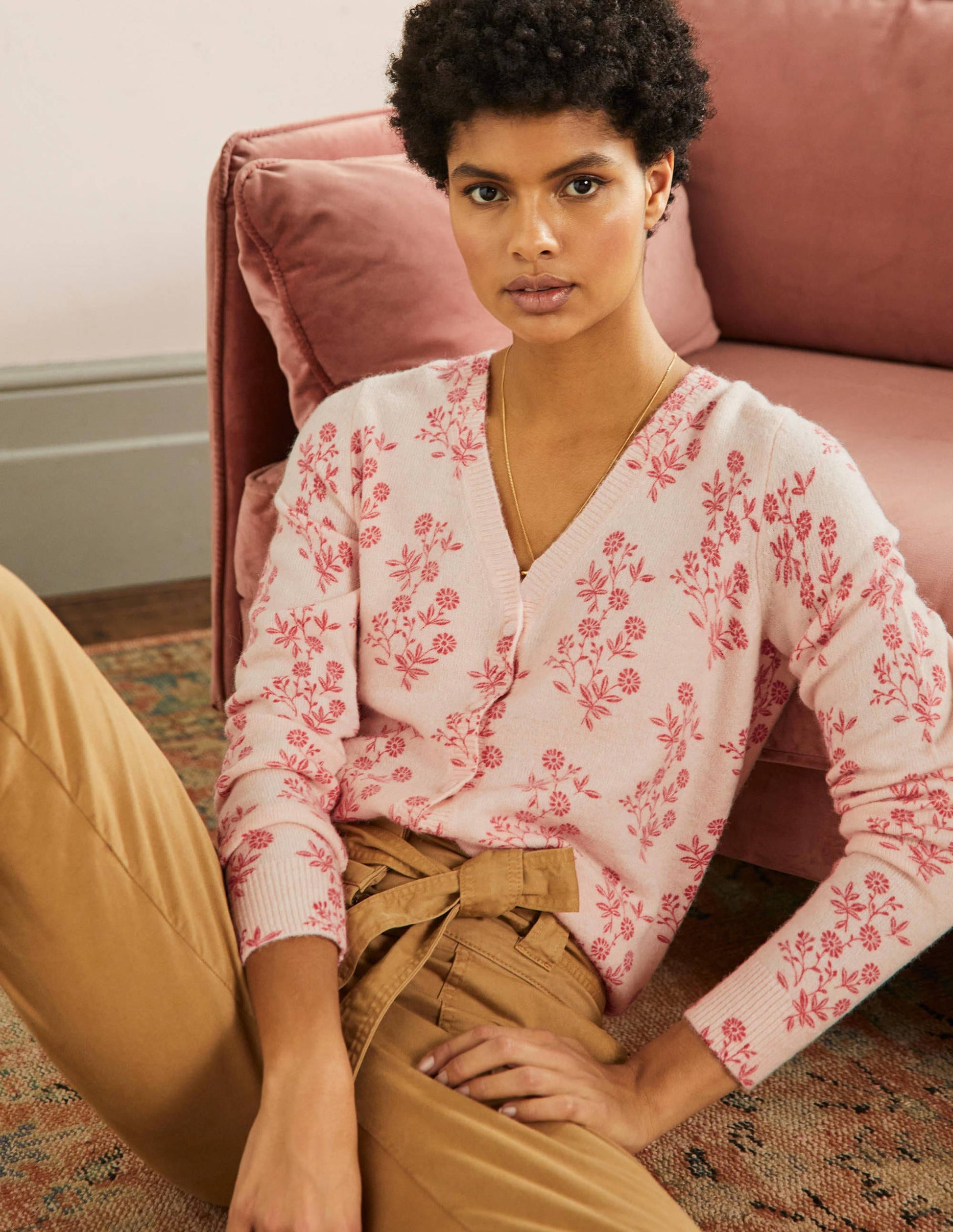 Anita Printed Fluffy Cardigan-Milkshake, Leafy Cluster-1