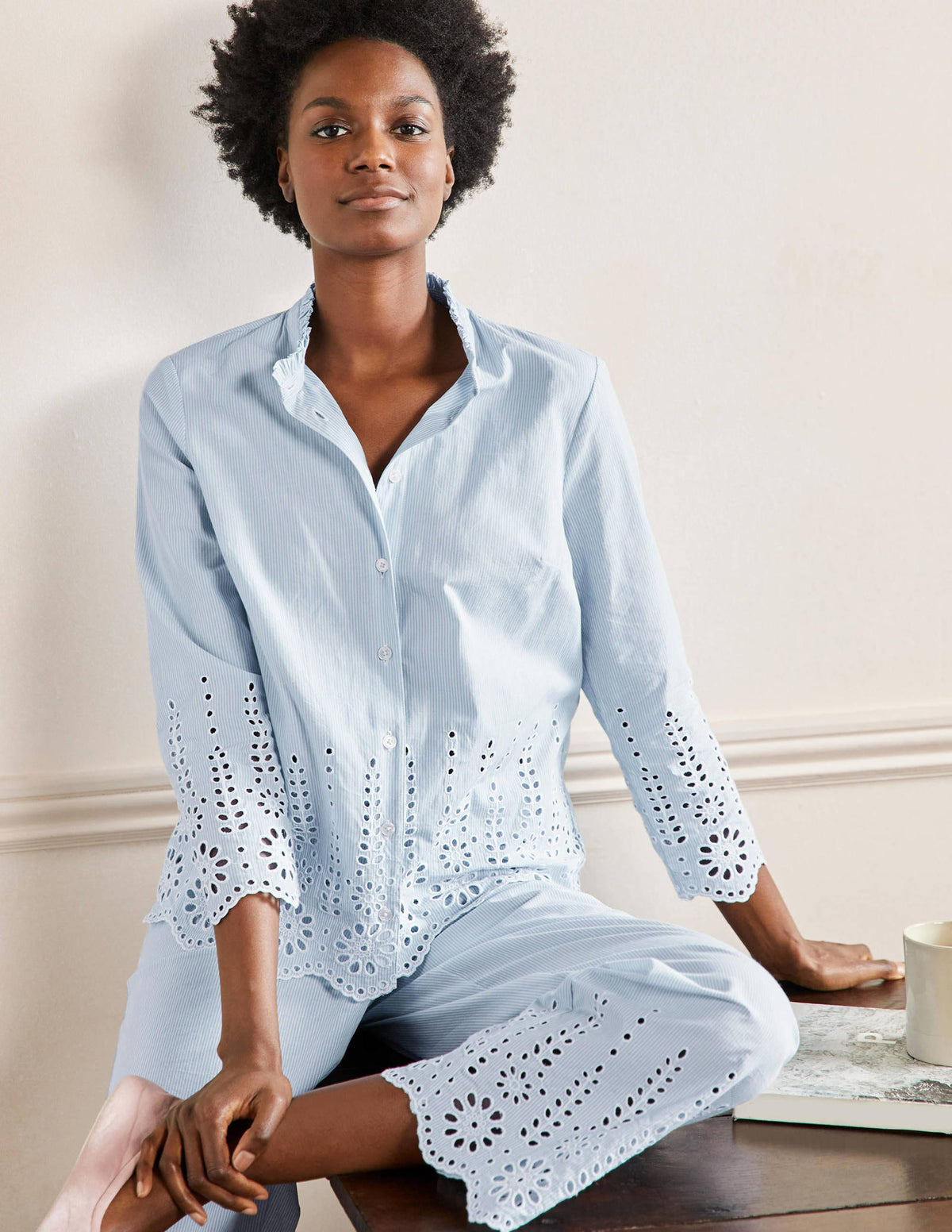 Broderie Pajama Set-Blue Ticking Stripe - Image 1