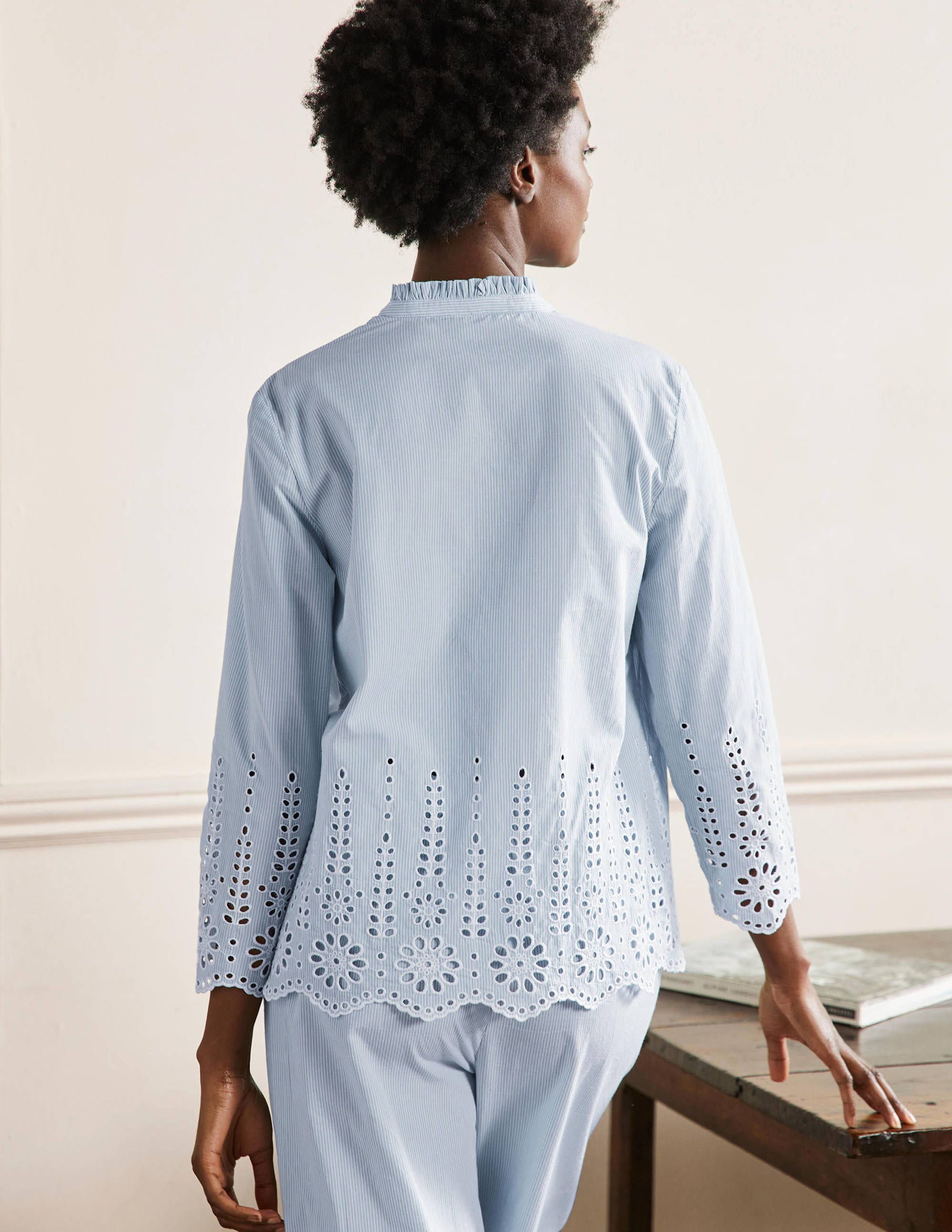 Broderie Pajama Set-Blue Ticking Stripe - Image 3