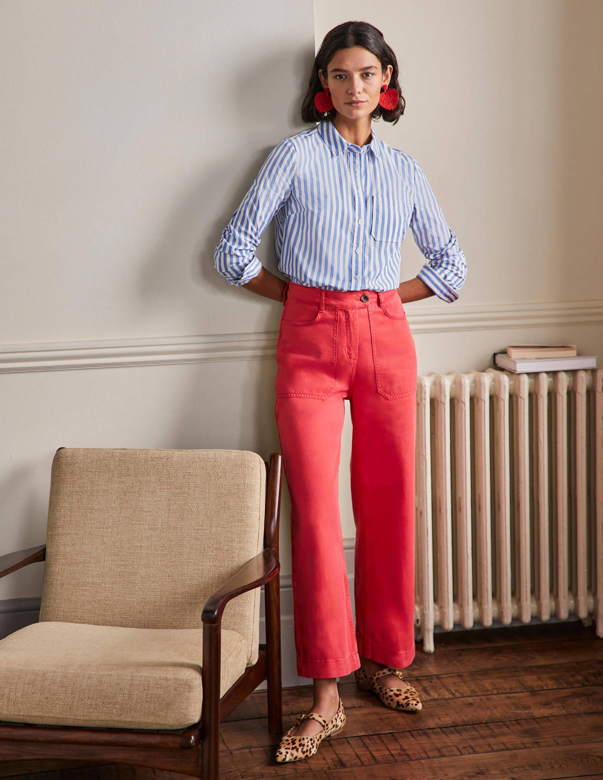 Wide Leg Cotton Twill Pants-Red - Image 1