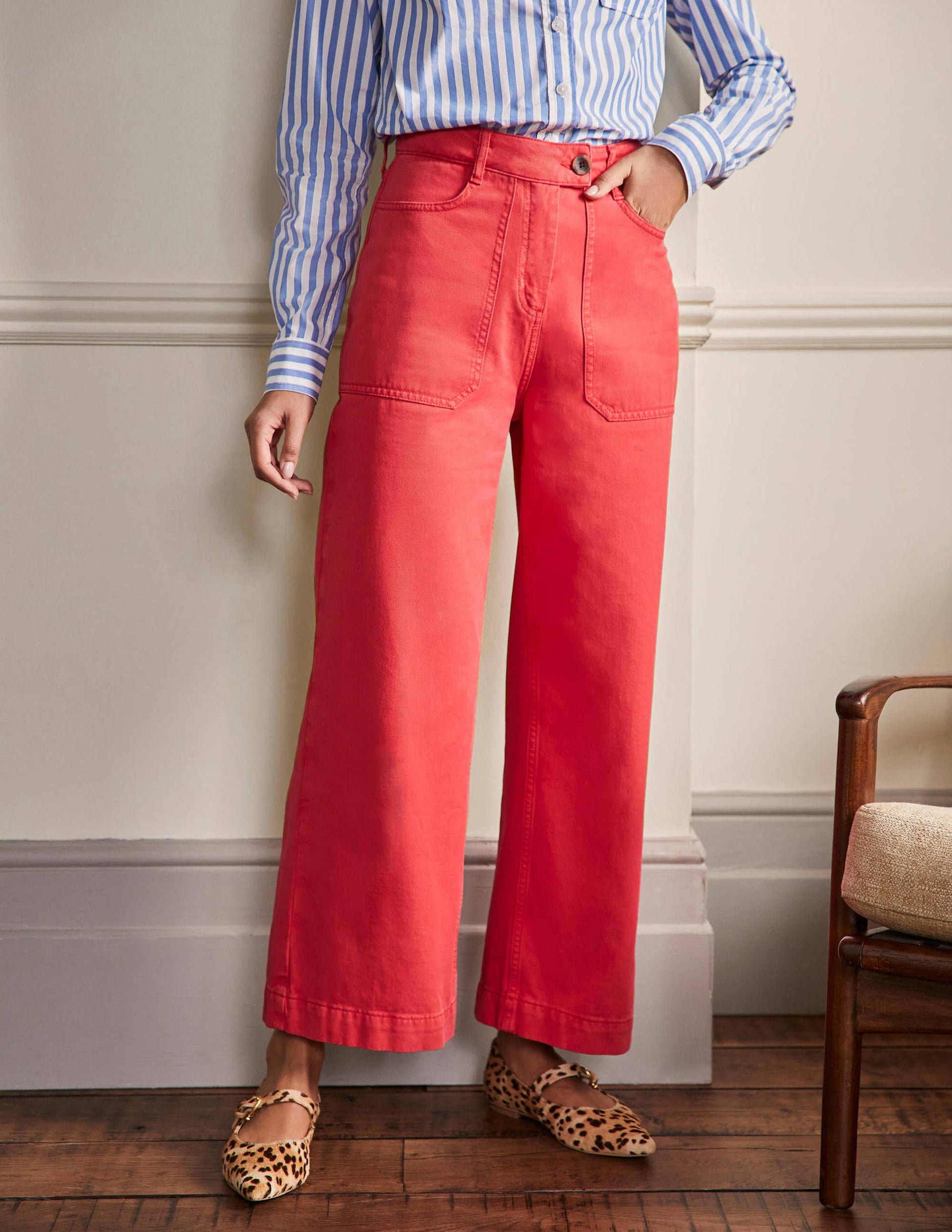Wide Leg Cotton Twill Pants-Red-4