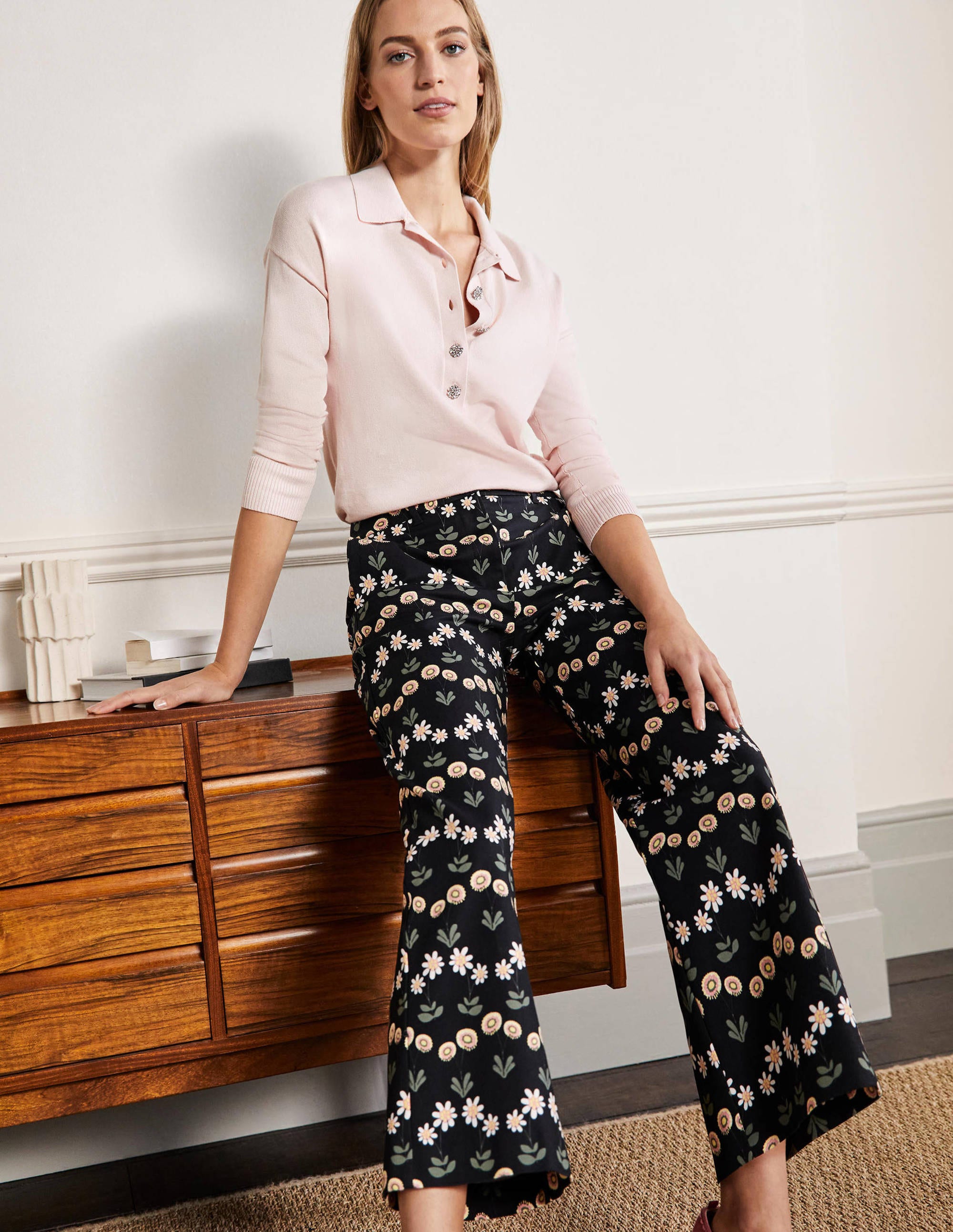 High Waisted Richmond Pants-Black, Delicate Daisy - Image 1