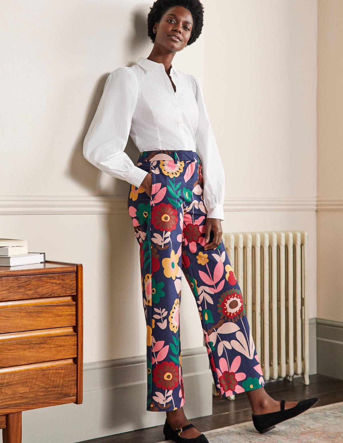 High Waisted Richmond Pants-French Navy, Flora Bloom-1