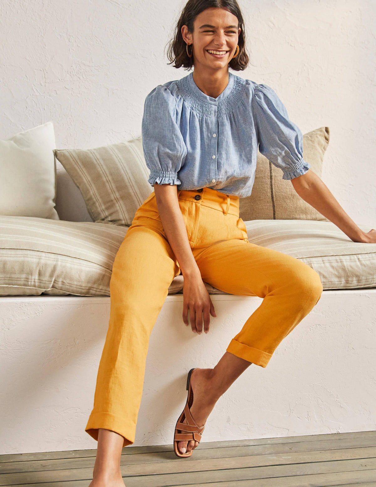 Pleated Turn Up Linen Pants-Zinnia Yellow - Image 1