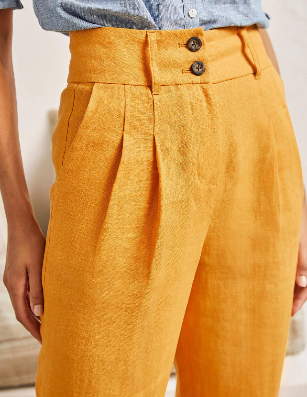 Pleated Turn Up Linen Pants-Zinnia Yellow - Image 2