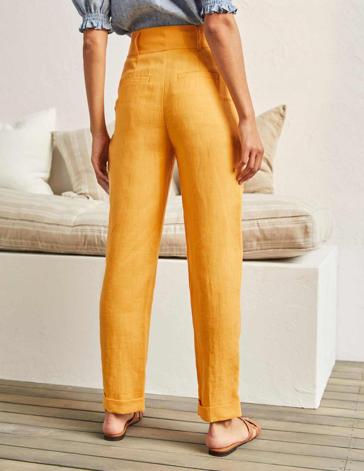 Pleated Turn Up Linen Pants-Zinnia Yellow-3