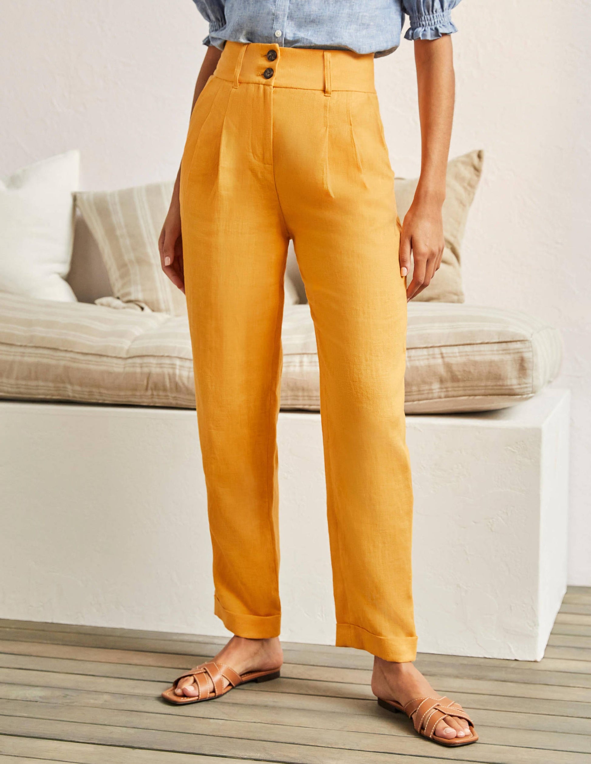 Pleated Turn Up Linen Pants-Zinnia Yellow-4