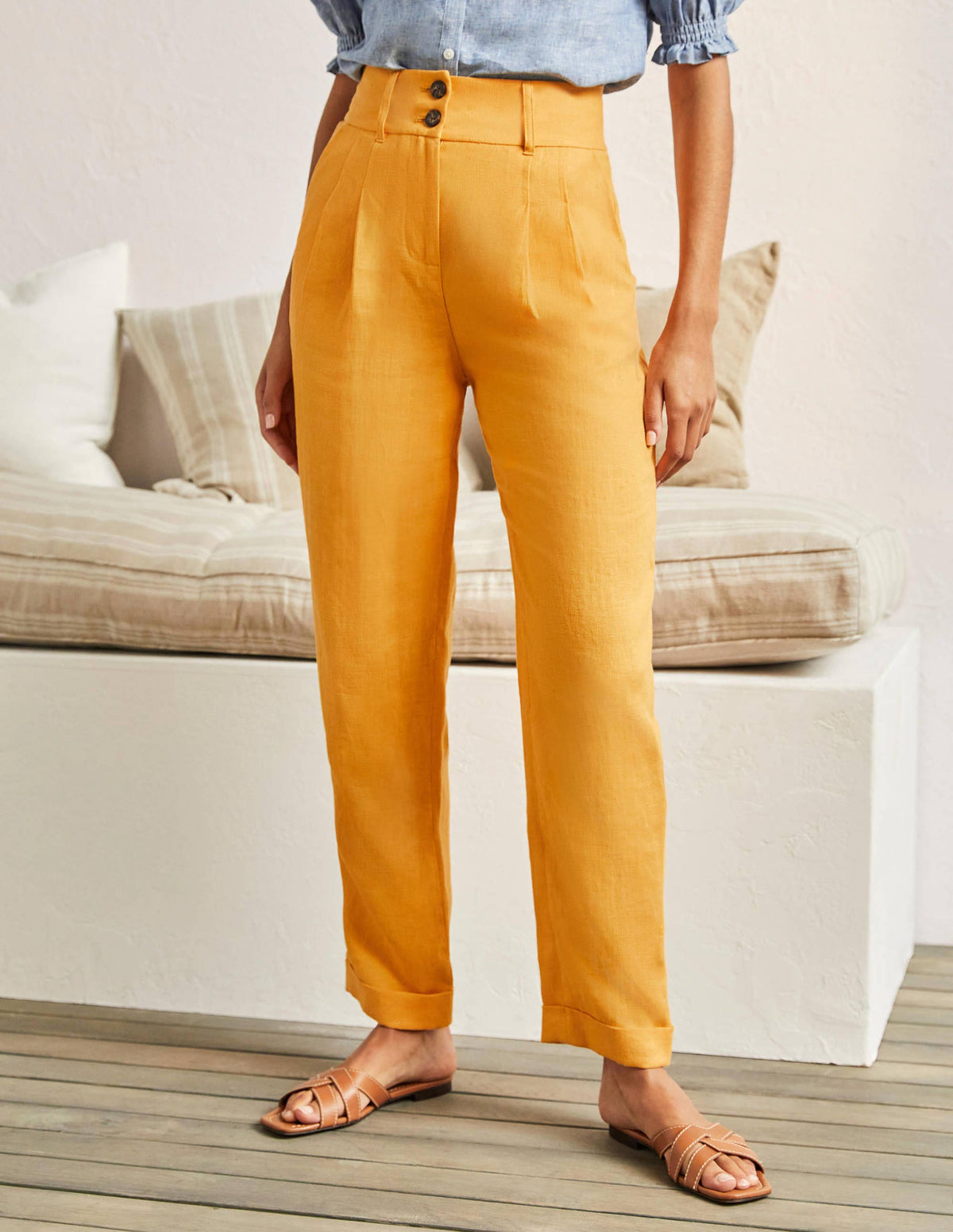 Pleated Turn Up Linen Pants-Zinnia Yellow - Image 4