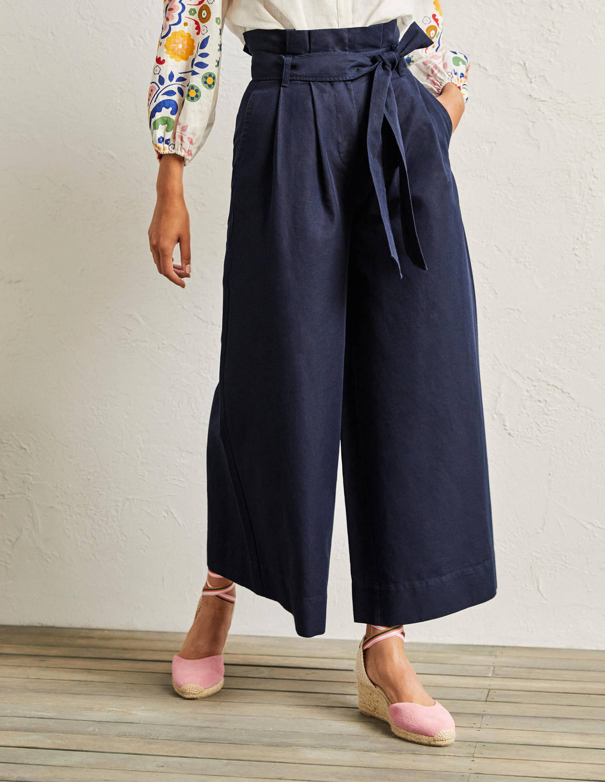 Linen Blend Wide Leg Culottes-Navy - Image 4