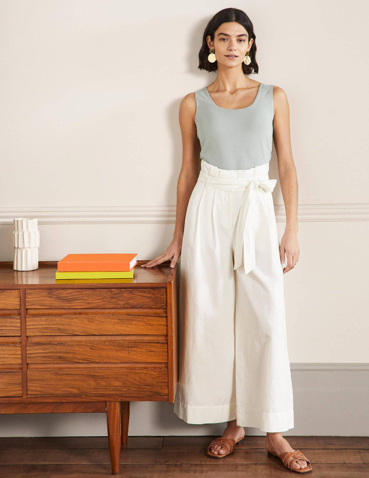 Linen Blend Wide Leg Culottes-White-1