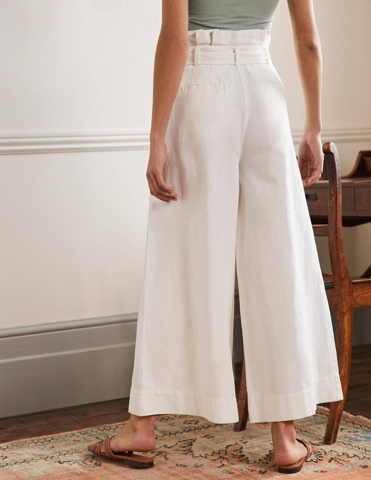 Linen Blend Wide Leg Culottes-White-3