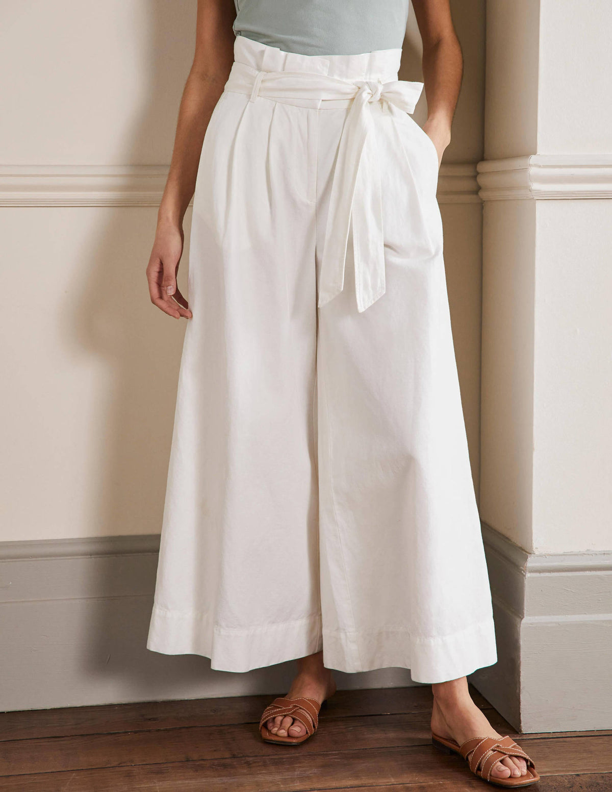Linen Blend Wide Leg Culottes-White-4