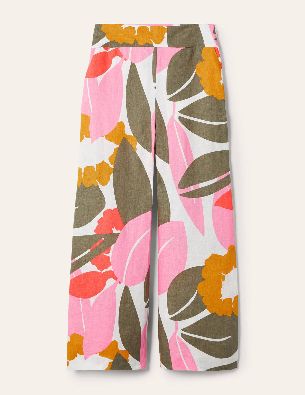 Printed Linen Pants-Ivory, Abstract Bloom - Image 5
