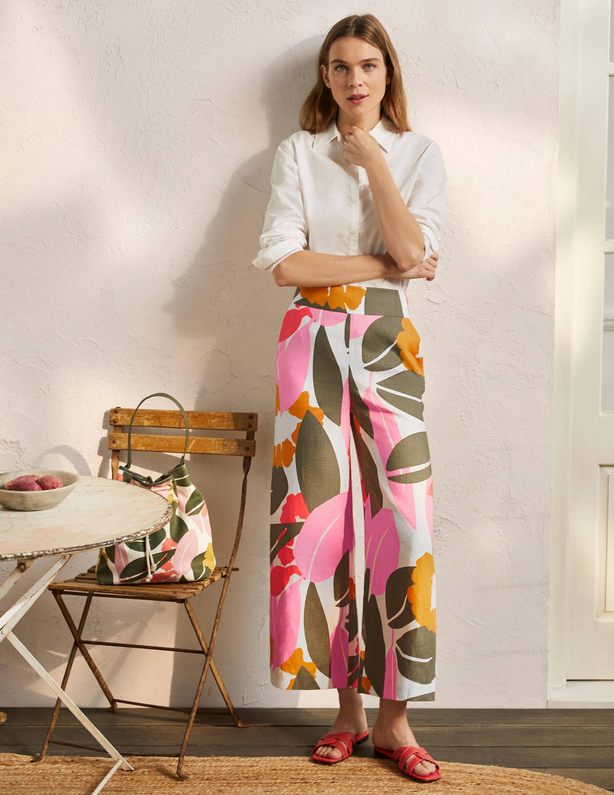 Printed Linen Pants-Ivory, Abstract Bloom - Image 1