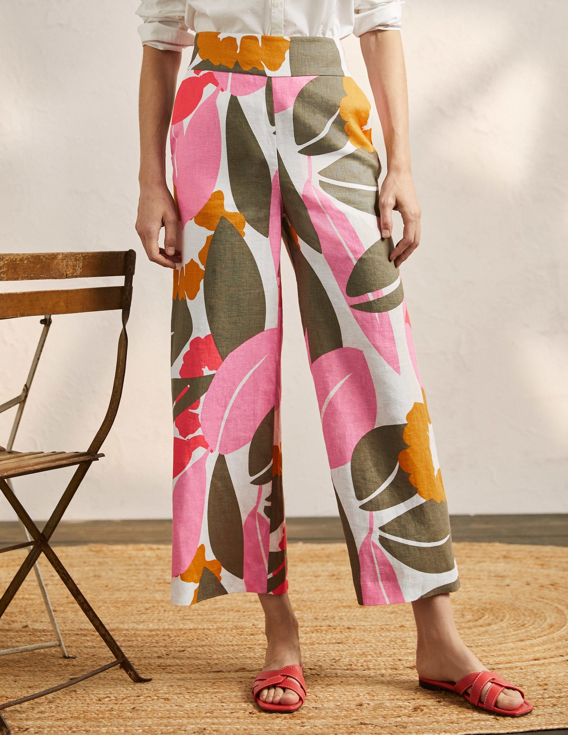 Printed Linen Pants-Ivory, Abstract Bloom-4