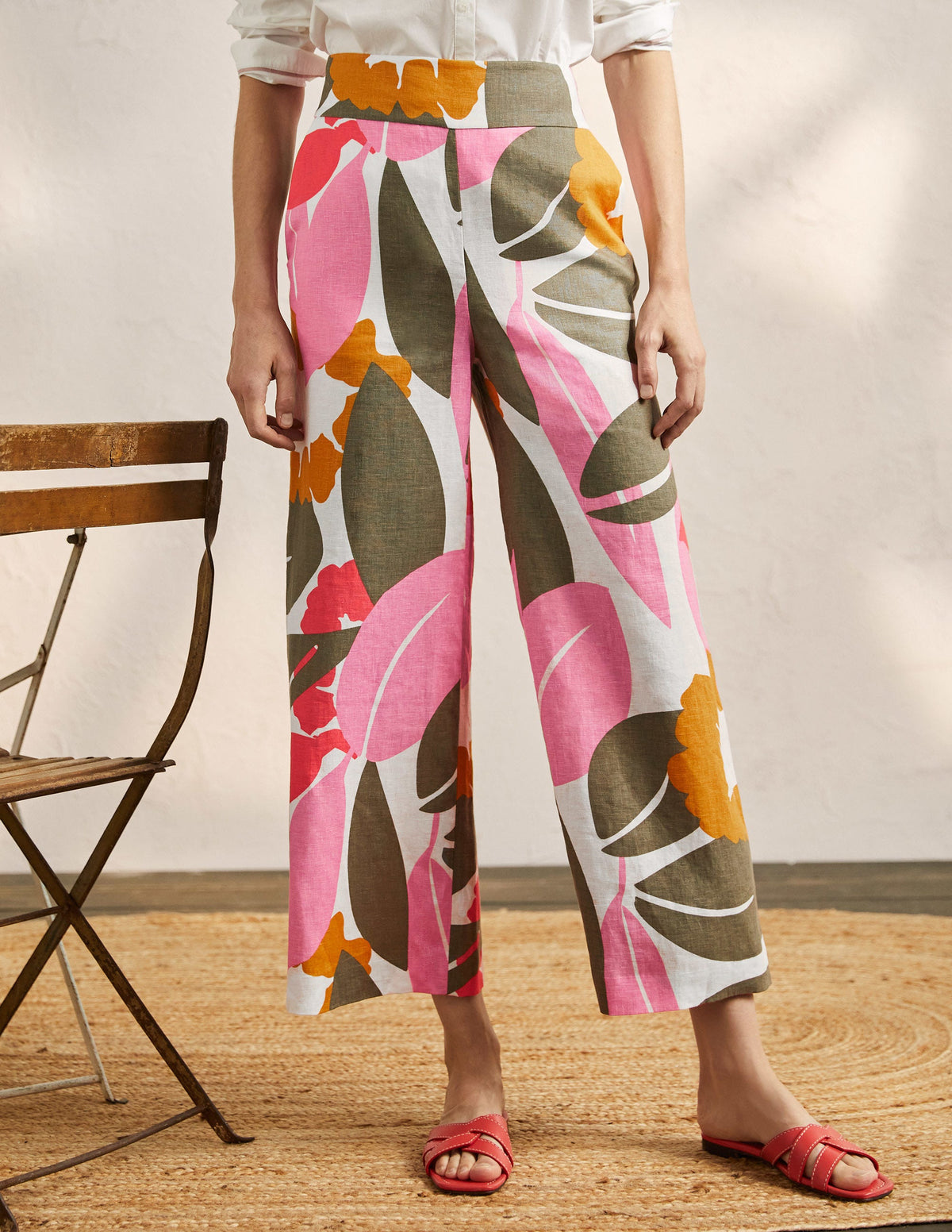 Printed Linen Pants-Ivory, Abstract Bloom - Image 4