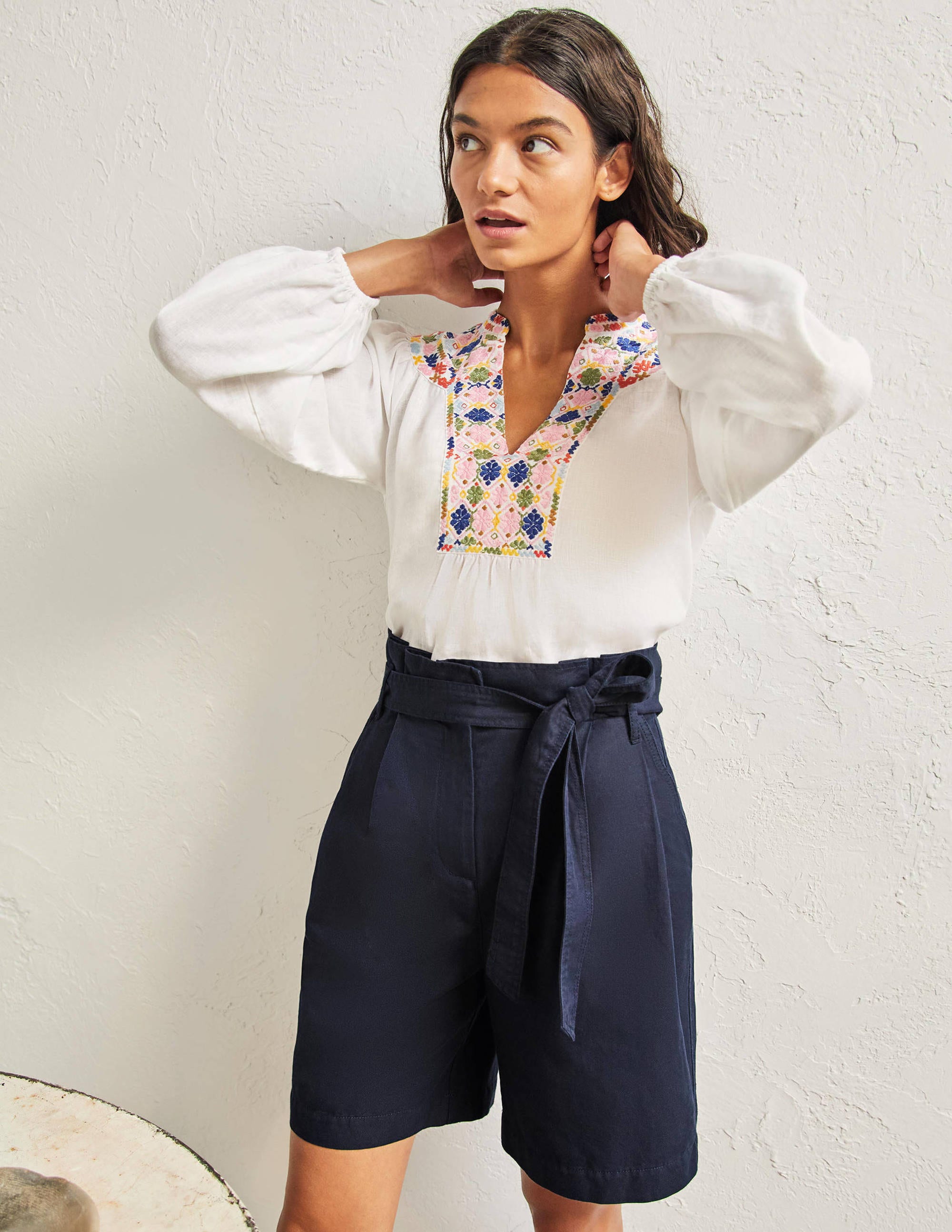 Paperbag High Waisted Shorts-Navy - Image 1