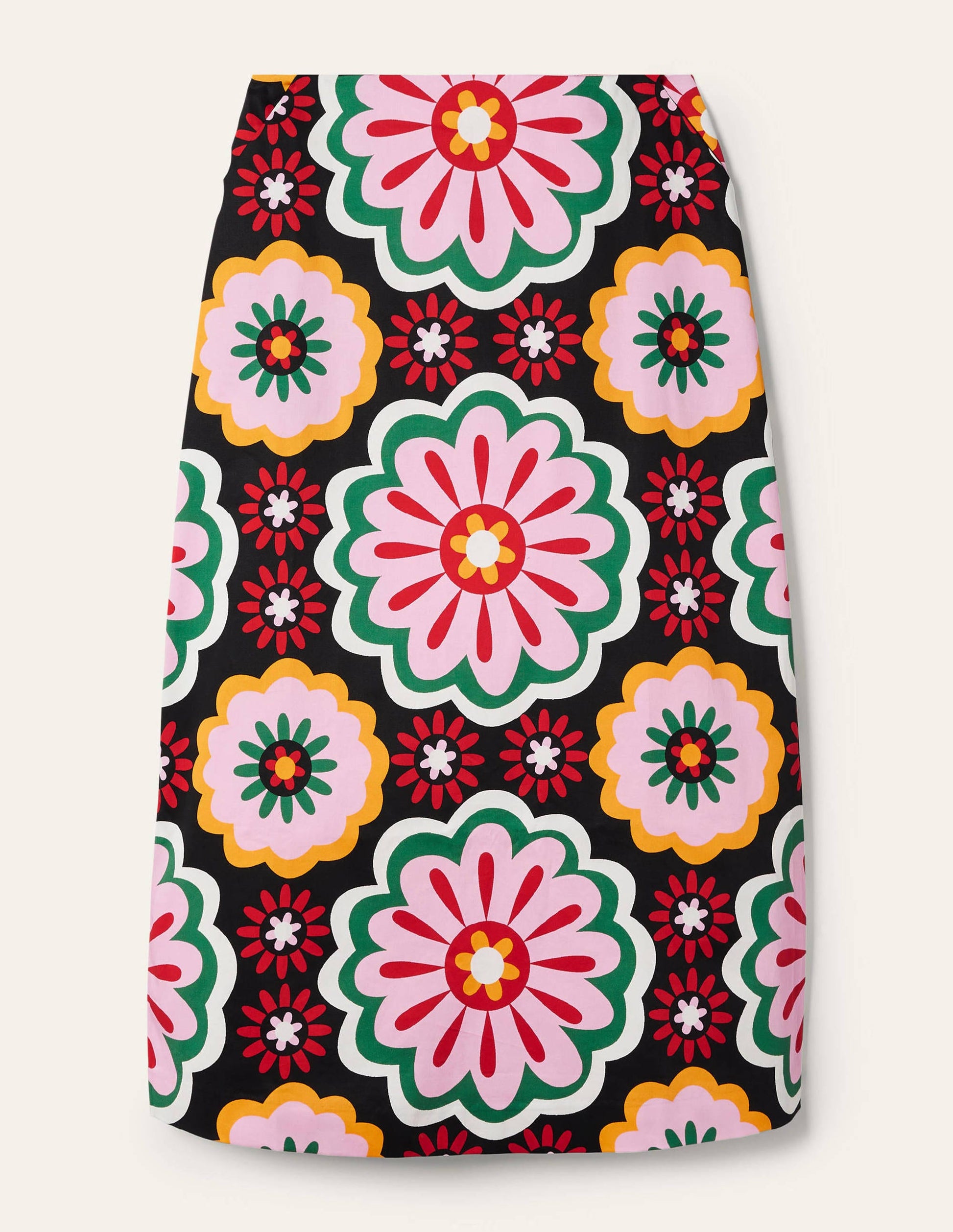 Printed A-line Midi Skirt-Black, Opulent Daisy-5