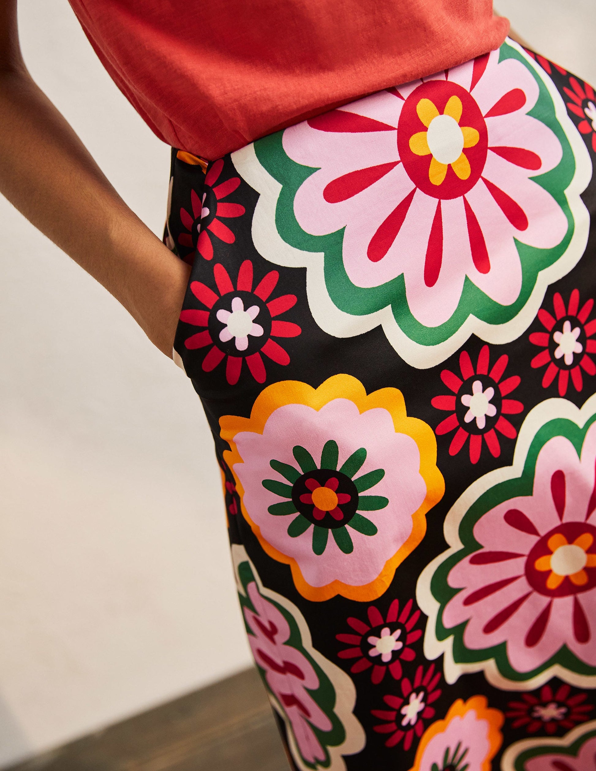 Printed A-line Midi Skirt-Black, Opulent Daisy-2