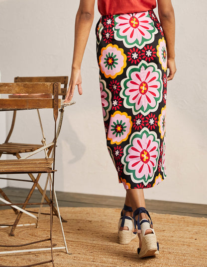 Printed A-line Midi Skirt-Black, Opulent Daisy-3