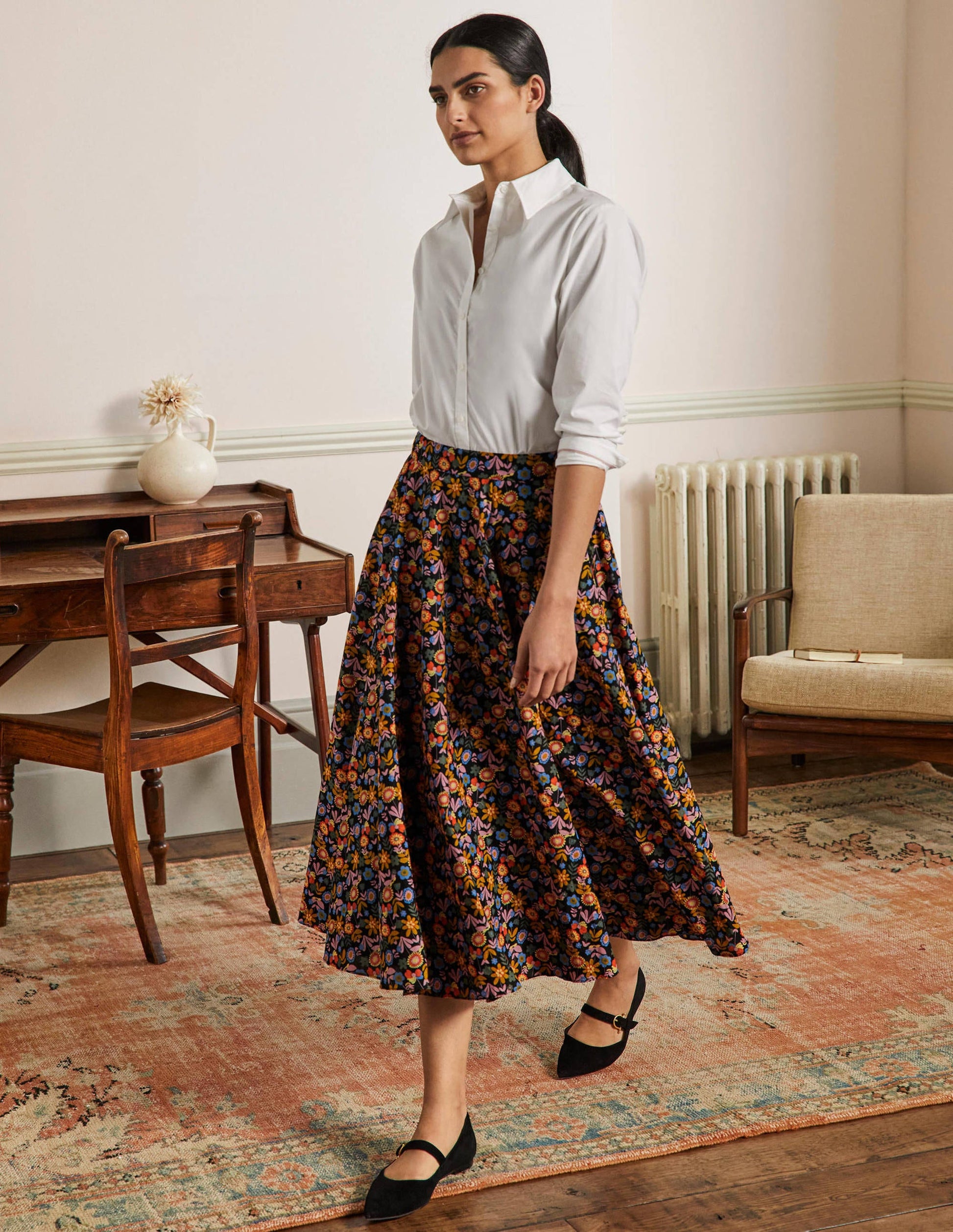 Full Cotton Midi Skirt-Black, Flora Bloom-1