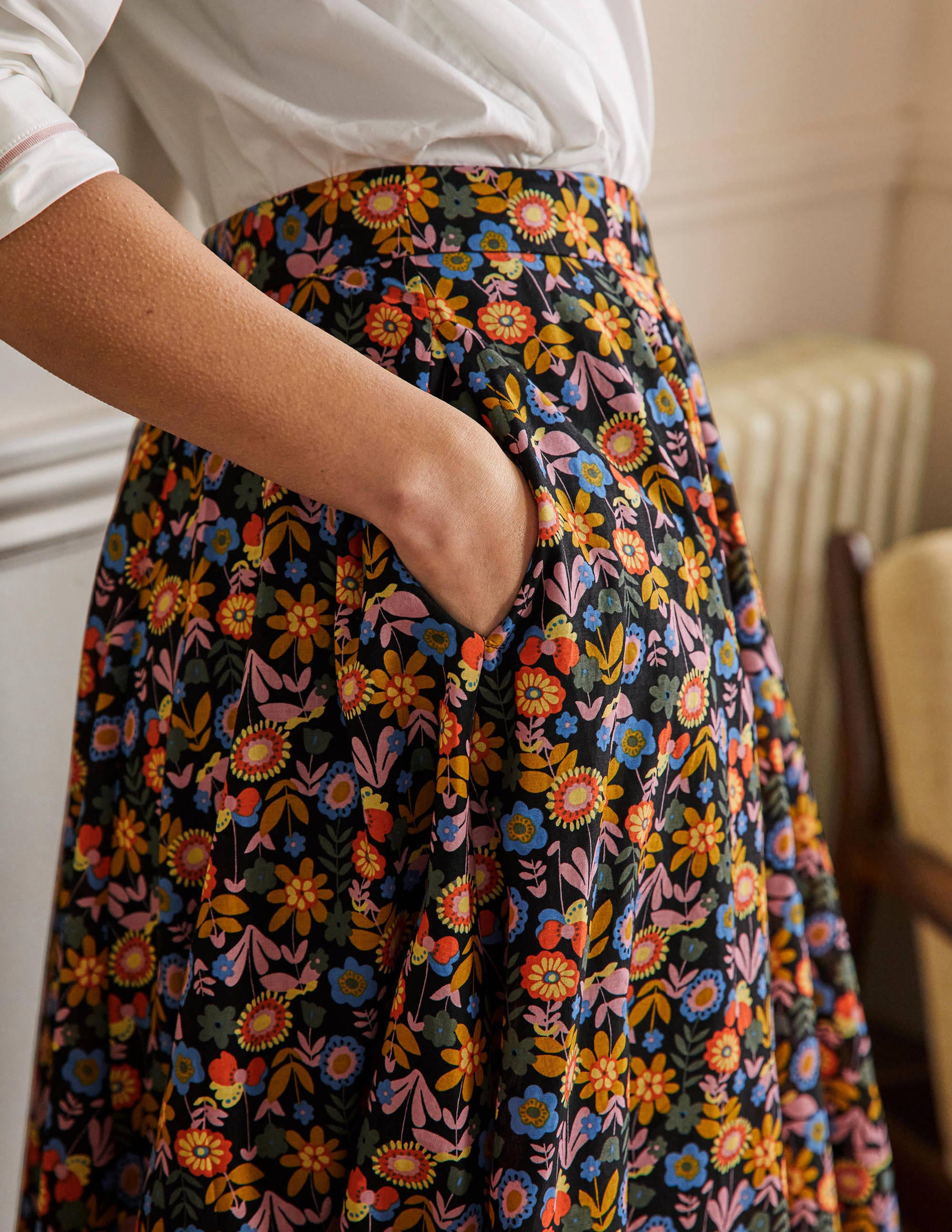 Full Cotton Midi Skirt-Black, Flora Bloom - Image 2