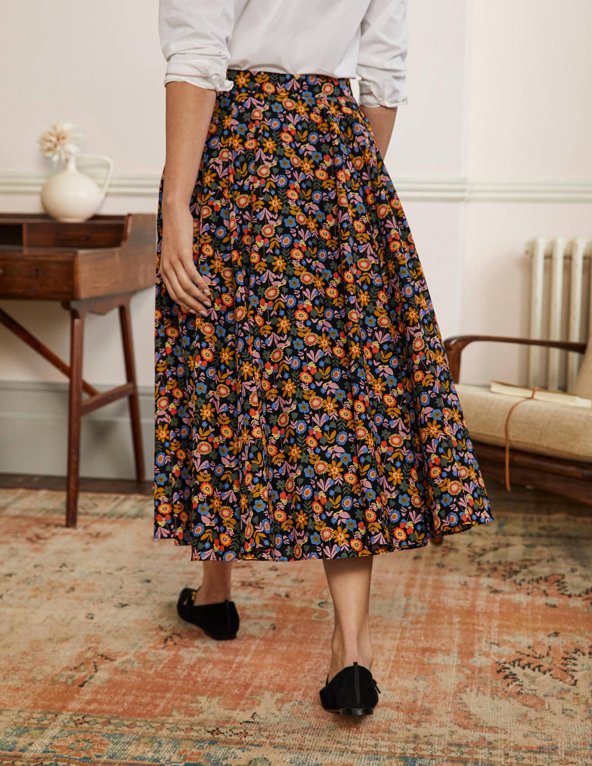 Full Cotton Midi Skirt-Black, Flora Bloom-3